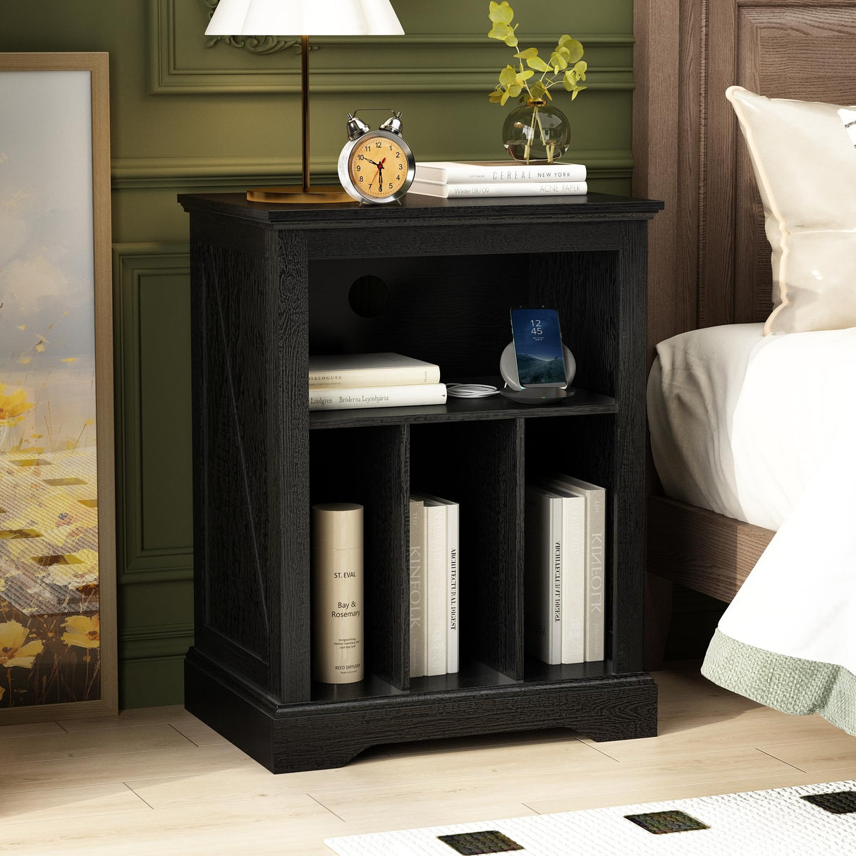 RowyPoey Farmhouse Record Player Stand, 3 Tier Turntable Stand with Vinyl Record Storage Holds Up to 160 Albums,Wood Record Holder Cabinet Dispaly Shelf for Living Room,Bedroom,Office,Black RowyPoey