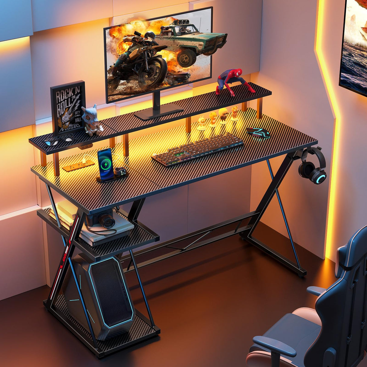 SEVEN WARRIOR Gaming Desk with LED Lights & Power Outlets, 39" Computer Desk with Monitor Stand & Storage Shelf, Gaming Table with Earphone Hook, Office Desk with Footrest, Carbon Fiber Black SEVEN WARRIOR