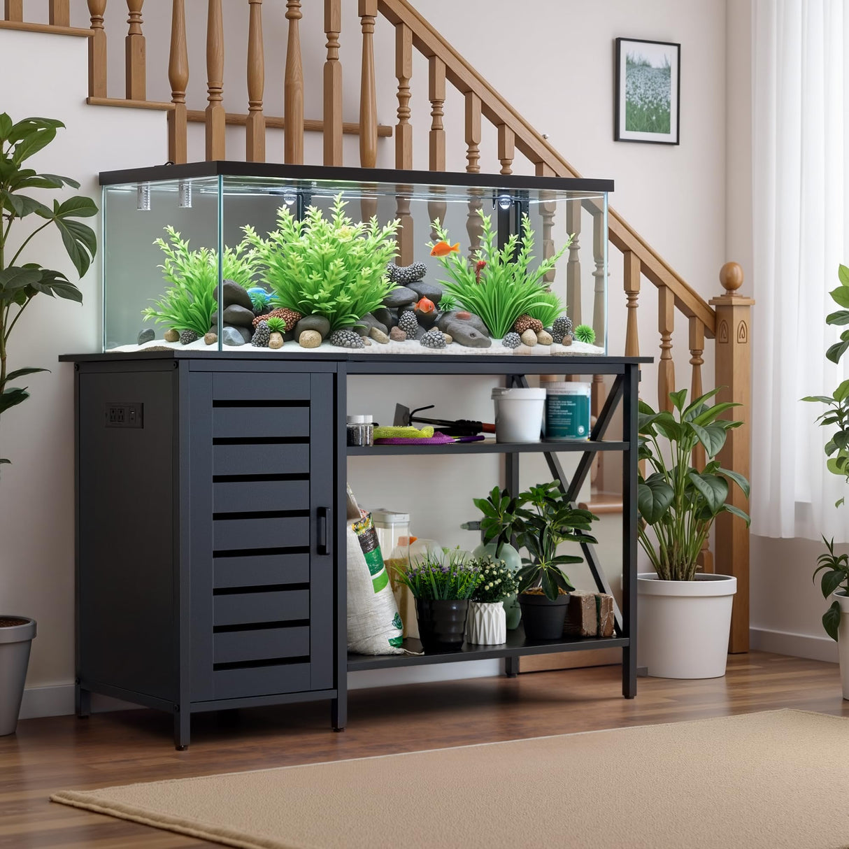 WARCAT 55-75 Gallon Aquarium Stand, Fish Tank Stand, Support up to 1200 lbs, 52" L x 19.68" W Tabletop, Built-In Power Outlet, Dual Storage Cabinets and Shelves (Black) WARCAT