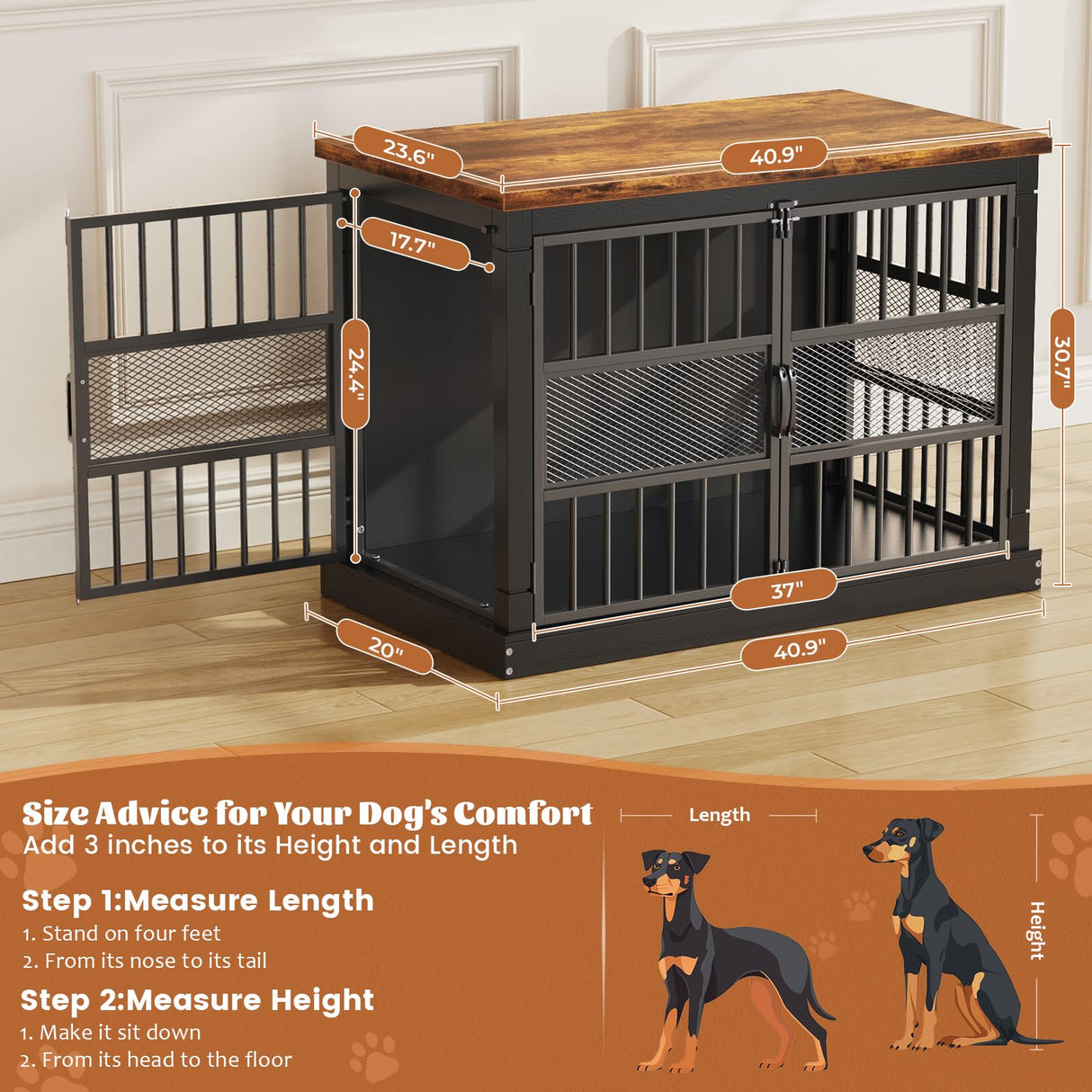 VOPEAK Dog Crate Furniture, Chew Resistant Large Dog Crate for Medium Large Dogs, Heavy Duty XL Dog Crates Dog Kennel Cage Indoor with Double Doors, Wooden End Table for Bedroom Living Room, Black VOPEAK