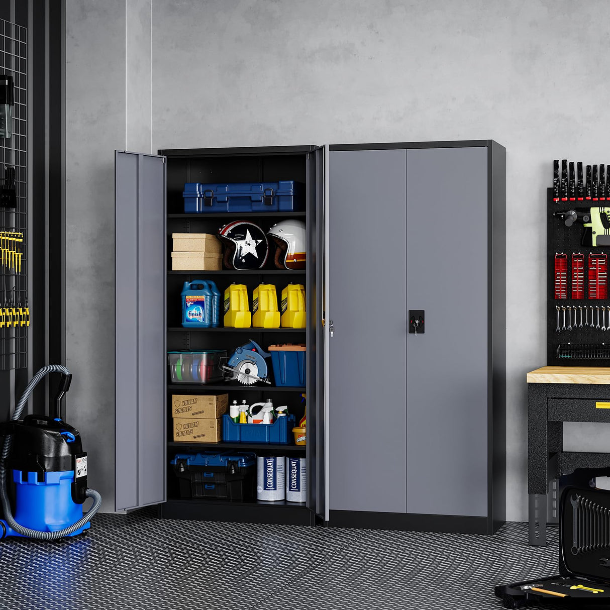 Yizosh Metal Garage Storage Cabinet with Lock, 72" Locking Tool Cabinet with 2 Doors and 5 Shelves, Tall Steel Cabinet for Garage, Heavy Duty File Cabinet for Office, School (Gray Black) Yizosh