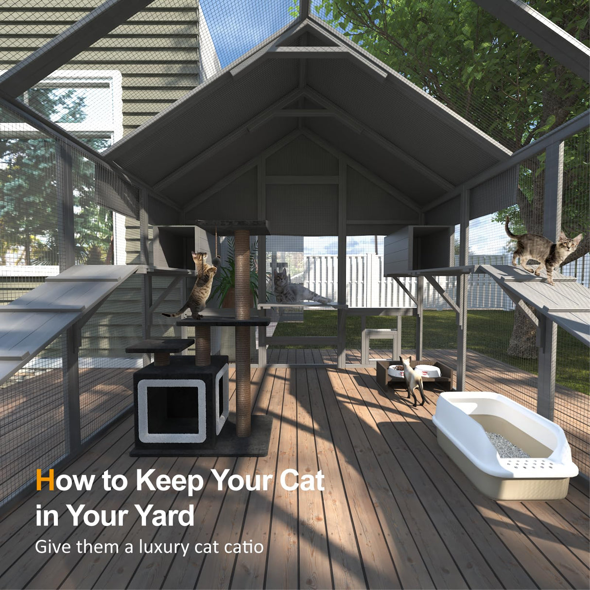 TIMHAKA Large Cat Catio, Catio Outdoor Cat Enclosure for Multiple Cats with 7 Platforms, 2 Resting Box and 2 Bridges, Wooden Feral Cat Shelter with Waterproof and UV Proof Canopy, 71 x 71 x 97 inch TIMHAKA