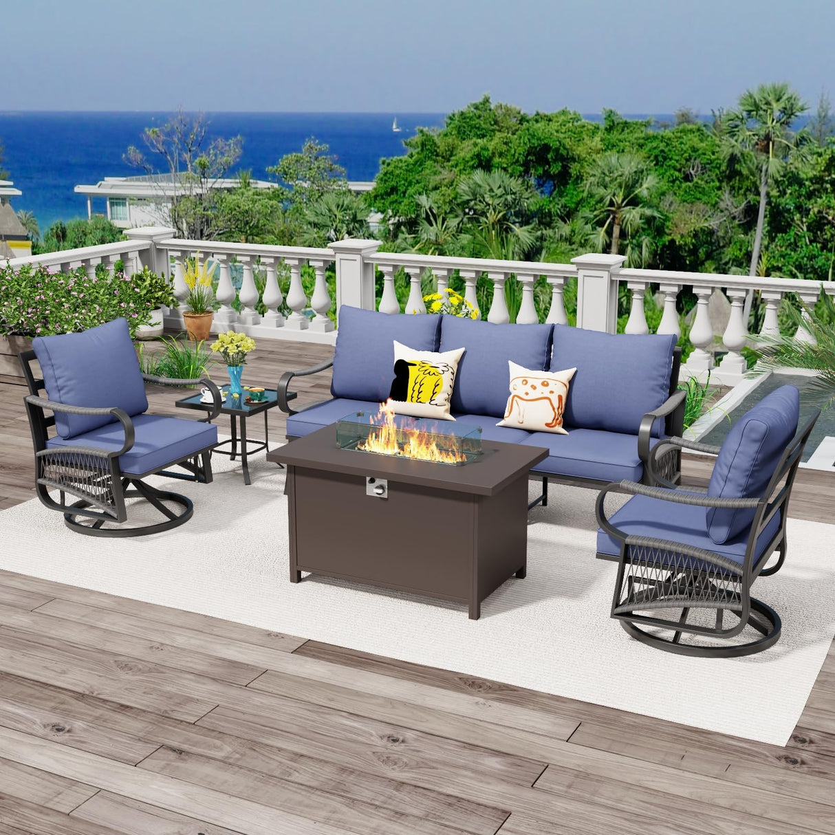 Xmkmvk 5 Piece Patio Furniture Set with 50000 BTU Propane Fire Pit Table, All-Weather Outdoor Conversation Set with 2 Swivel Chairs, Sofa and Thick Cushions for Garden, Porch, Lawn, Blue Xmkmvk