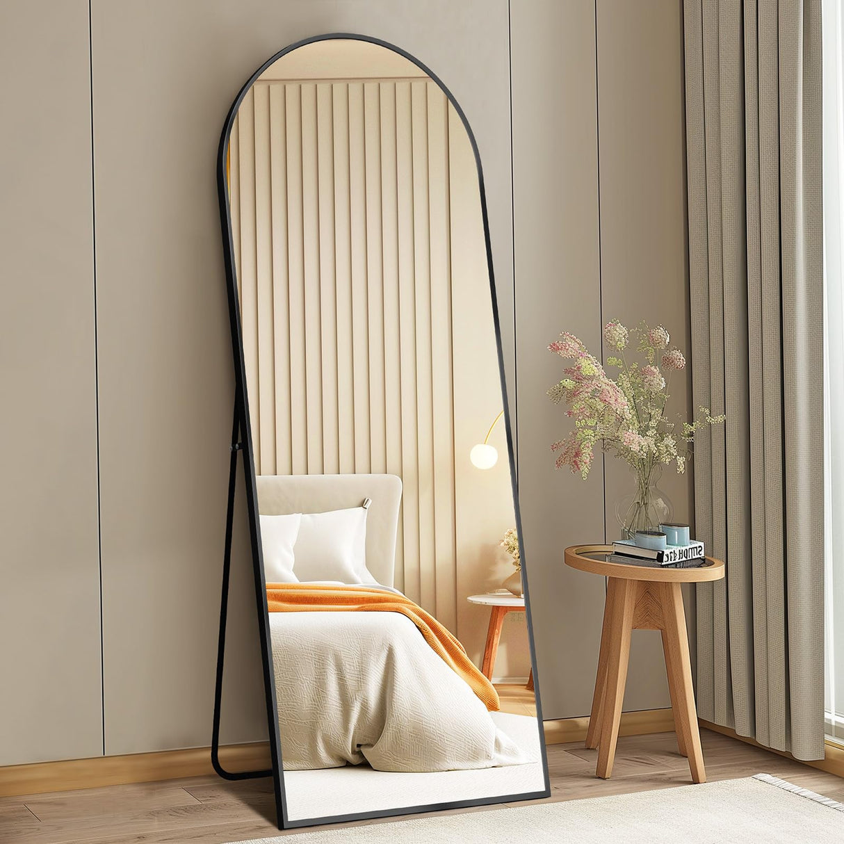 DUMOS Arched Full Length Mirror with Stand 64"x21" Floor Standing Aluminum Frame for Bedroom Body Hanging Leaning Modern Simple Home Decor Shatter-proorf Nano Glass Wall Living Room Cloakroom Black DUMOS