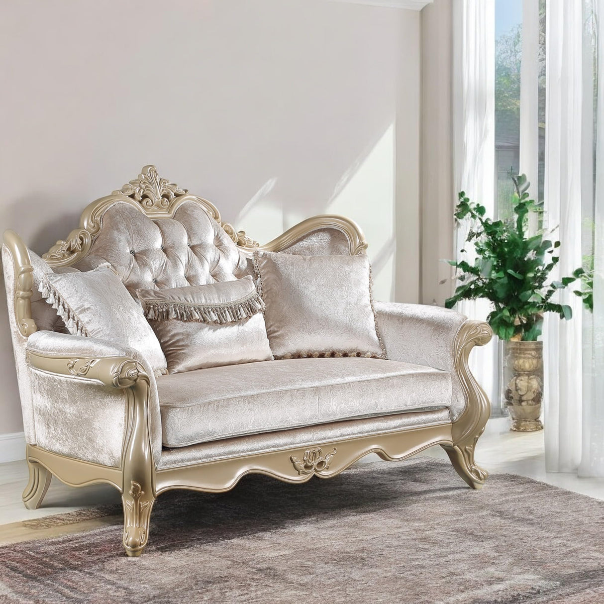 Acme Libertee Upholstered Loveseat with 3 Pillows in Beige and Champagne Acme
