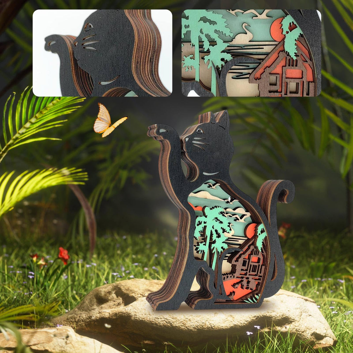 Drawelry 3D Wooden Carving Animals Lamp - Creative Fox Squirrel Wood Carved LED Night Light Garden Yard Wooden Animals Sculpture Ornaments Desktop Home Decor Birthday Gifts for Family Friend (Cat) Drawelry