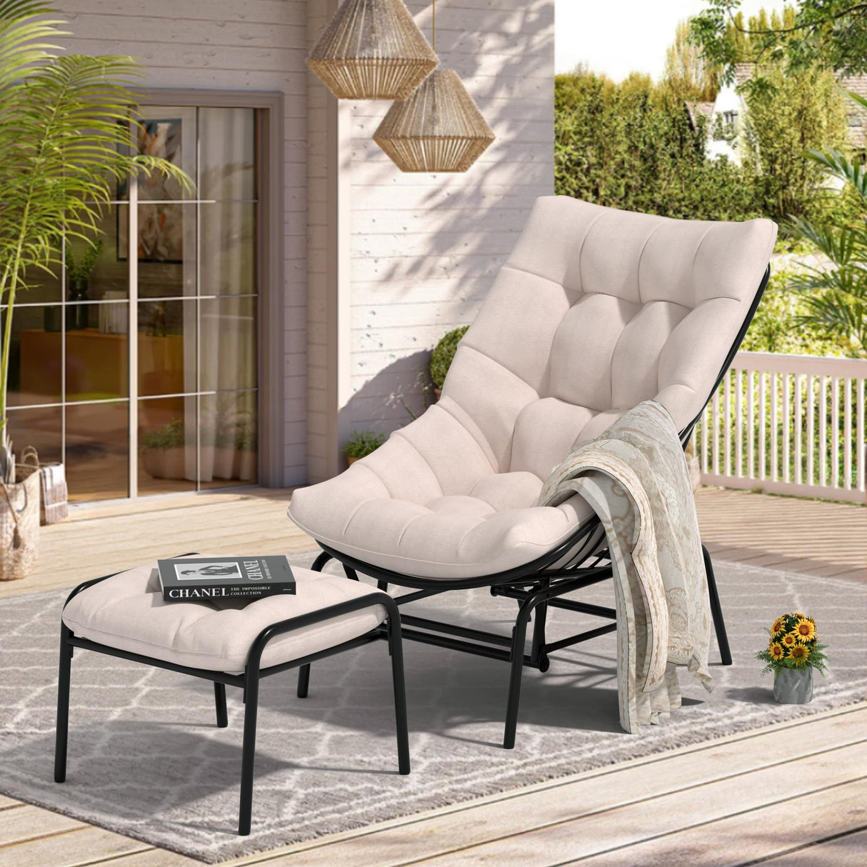 NATURAL EXPRESSIONS Lounge Chair Outdoor with Ottoman, 2-Piece Gentle Rocking Chaise Lounge Set, 4.7" Removable Cushion & Sturdy Frame, Glider Rocking Chair for Indoor Outdoor Use NATURAL EXPRESSIONS