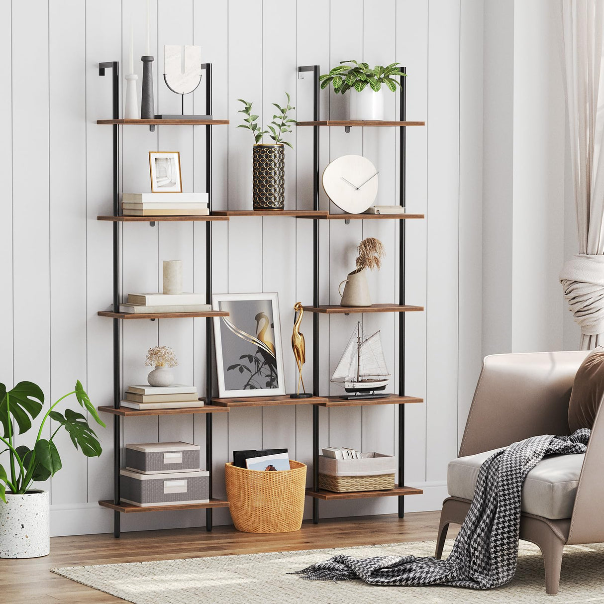 HOOBRO DIY Ladder Shelf, 6-Tier Wooden Wall Mounted Bookshelf, Narrow Bookcase, Display Shelf, Storage Rack, Plant Stand, for Living Room, Bedroom, Study, Balcony, Rustic Brown and Black BF651CJ01 HOOBRO