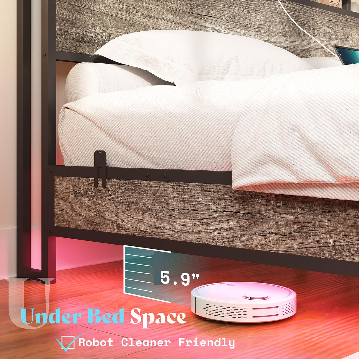 AMERLIFE King Size Industrial Floating Bed Frame with LED Lights and Charging Station AMERLIFE