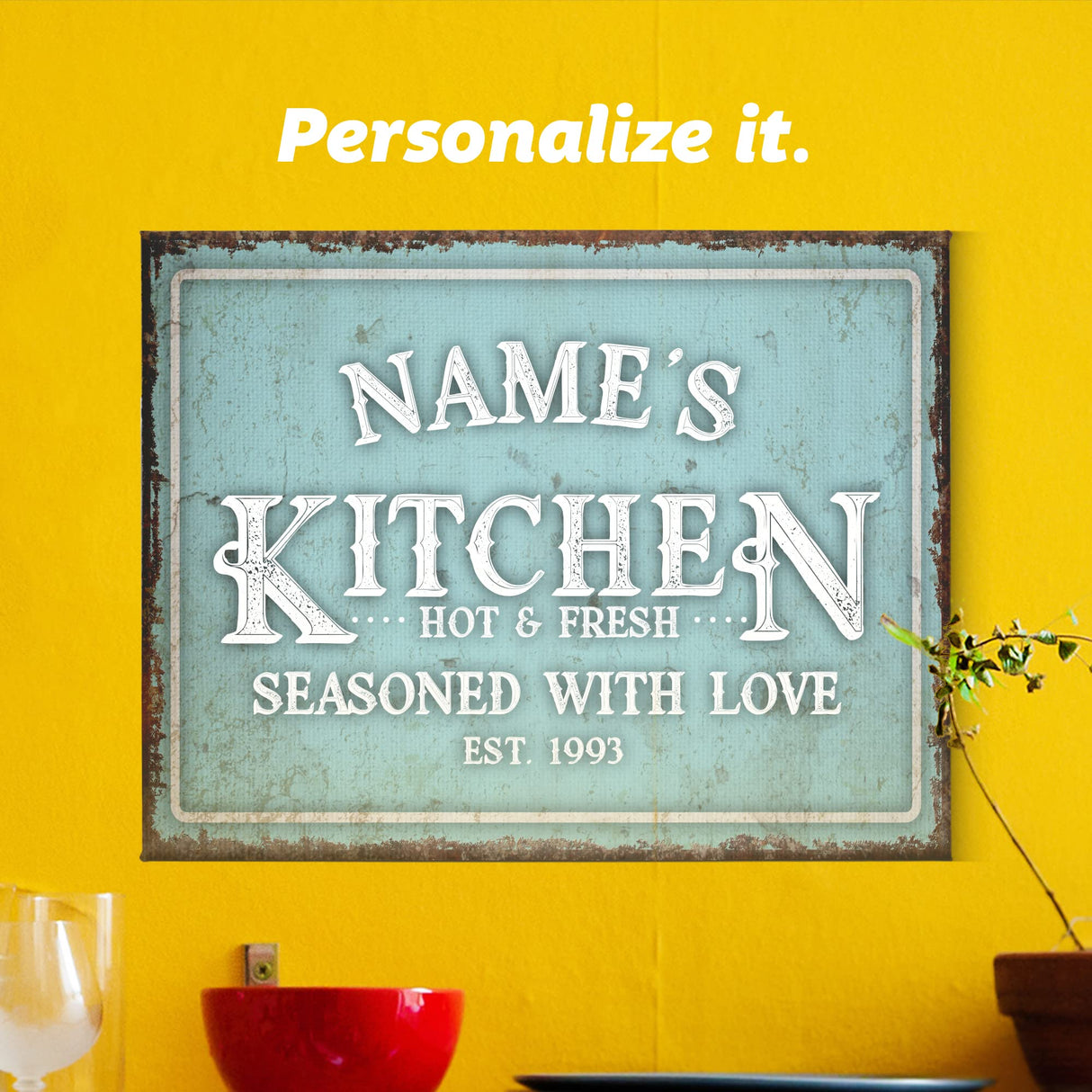 Pattern Pop - Personalized Kitchen Sign - Custom Name Wood Wall Sign - Rustic Farmhouse Decor - Hot and Fresh, Seasoned with Love, EST Year - 8 x 12 In (Mint) Pattern Pop