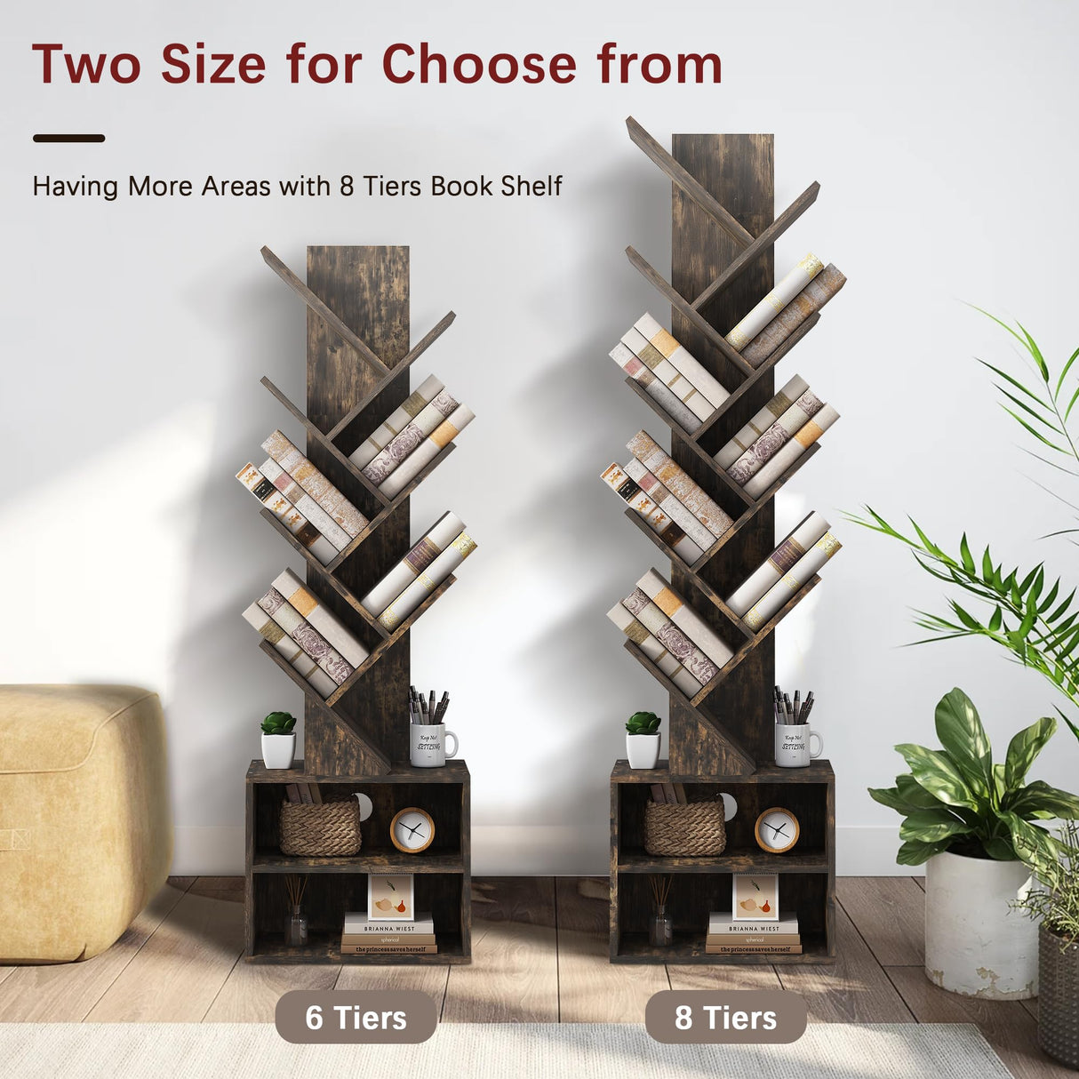 Azaeahom 8 Tier Tree Bookshelf, Wood Bookcase with Storage Cabinet, Modern Tall Narrow Bookshelves Organizer, Floor Standing Book Shelf for Bedroom/Living Room/Home Office/Corner (Brown, 8 Tier) Azaeahom