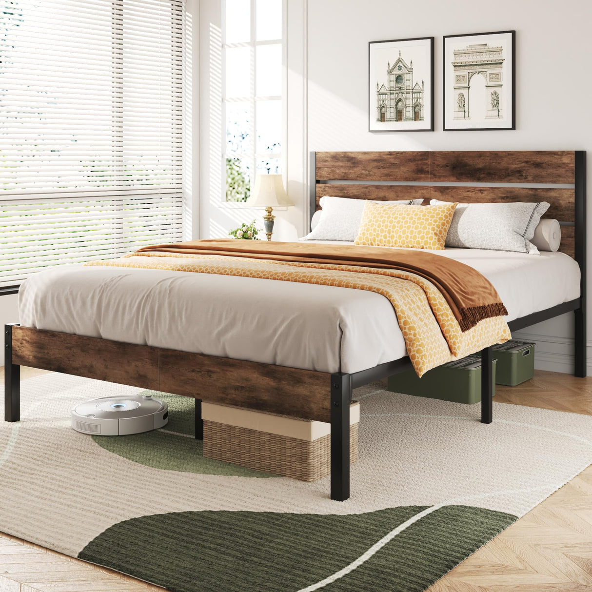 Lifezone Queen Bed Frame with Headboard and Footboard, Metal Queen Bed Frame with Under-Bed Storage, All-Metal Support System, No Box Spring Needed, Easily Assemble, Rustic Brown Lifezone