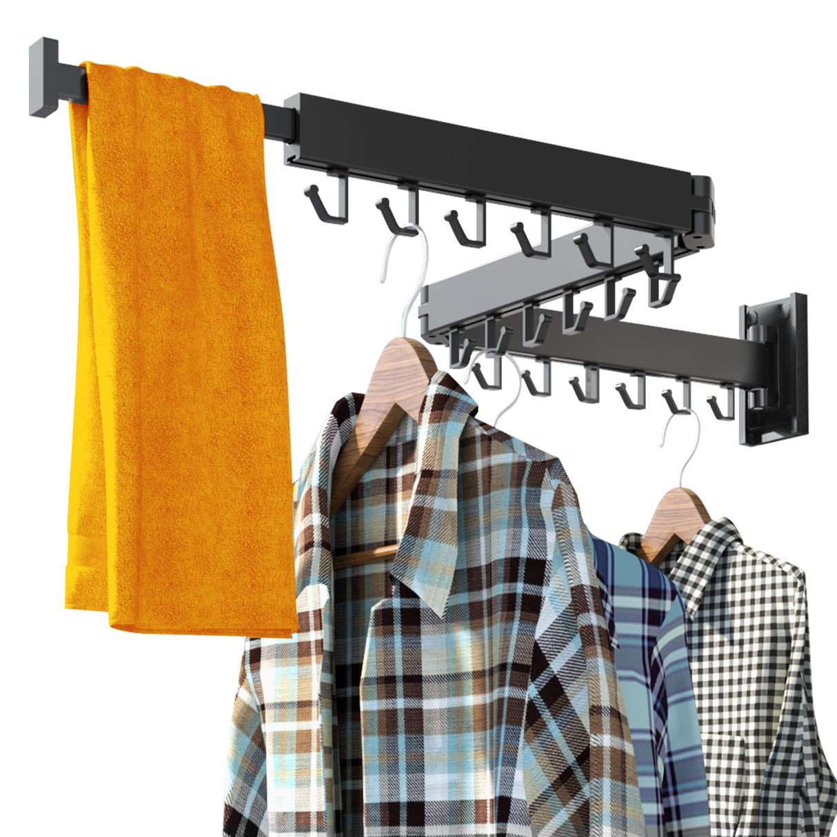 HEILAIYI Clothes Drying Rack for Laundry,Wall Mounted Clothes Hanger Rack,Folding,Retractable,Collapsible(J Shape Hooks) HEILAIYI