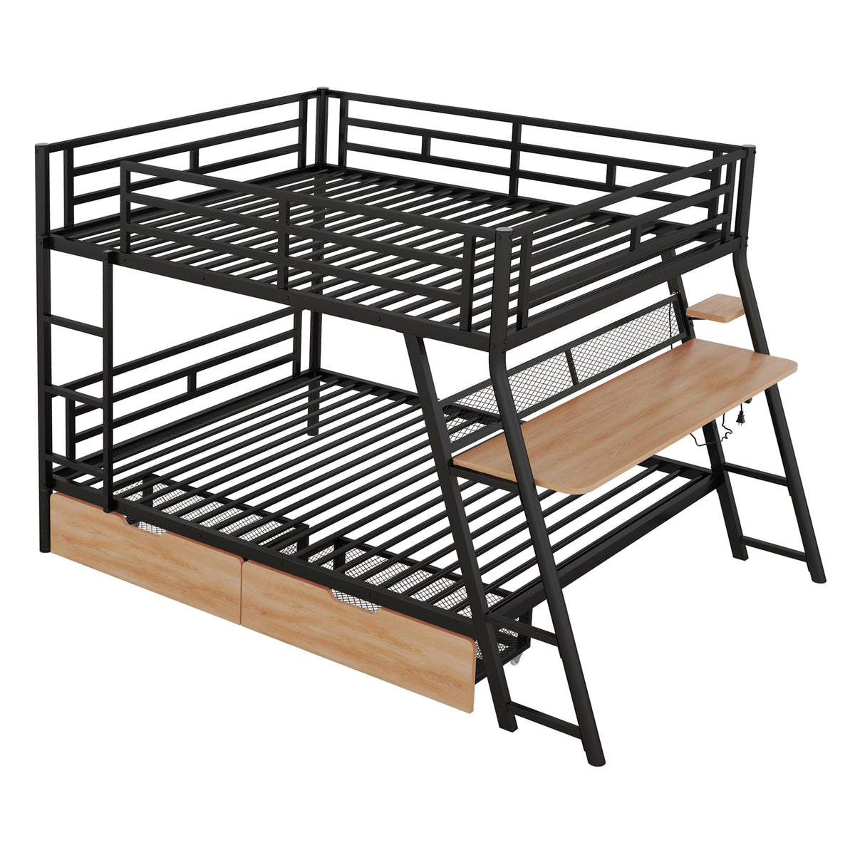 Flieks Bunk Bed, Full Over Full Metal Bunk Bed Frame with Built-in Desk, Light, 2 Drawers, Safety Guard Rails and Ladder, Heavy-Duty Steel Frame Bunk Bed for Kids Teens Adults (Black) Flieks