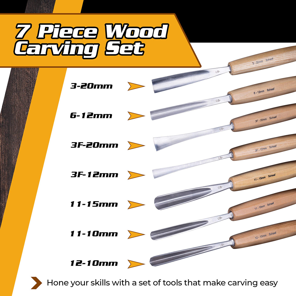Schaaf Wood Carving Tools, 7pc Expansion Chisel Set with Canvas Case | Full Size Gouges for Beginners, Hobbyists and Professionals | Sharp, Quality-Tested CR-V 60 Steel Blades (Premium Hand Sharpened) Schaaf Wood Carving Tools