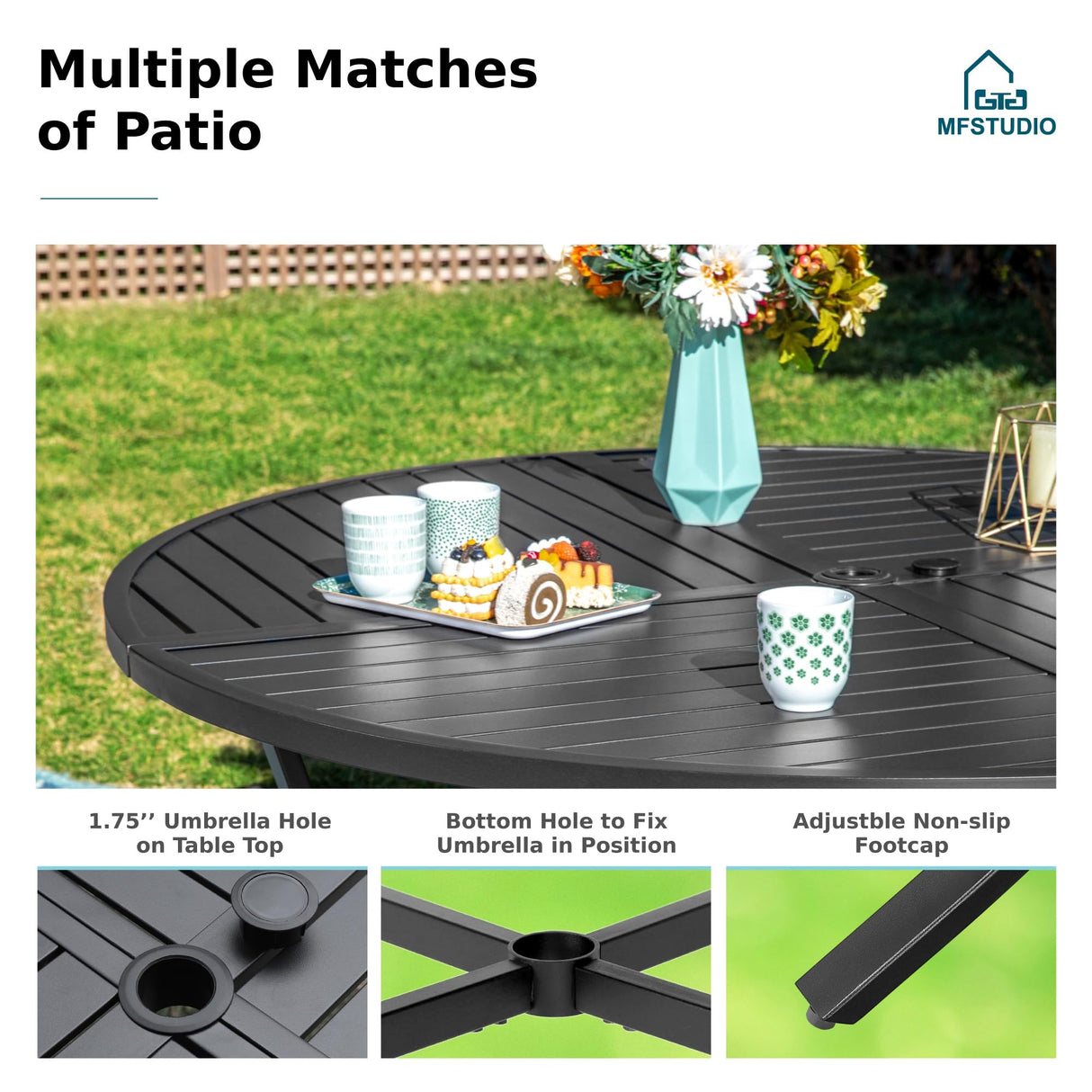 MFSTUDIO 5 Pieces Outdoor Dining Sets for 4, 42'' Round Metal Table with Chairs & 10ft Umbrella, Patio Outdoor Dining Furniture with Umbrella for Deck, Porch MFSTUDIO