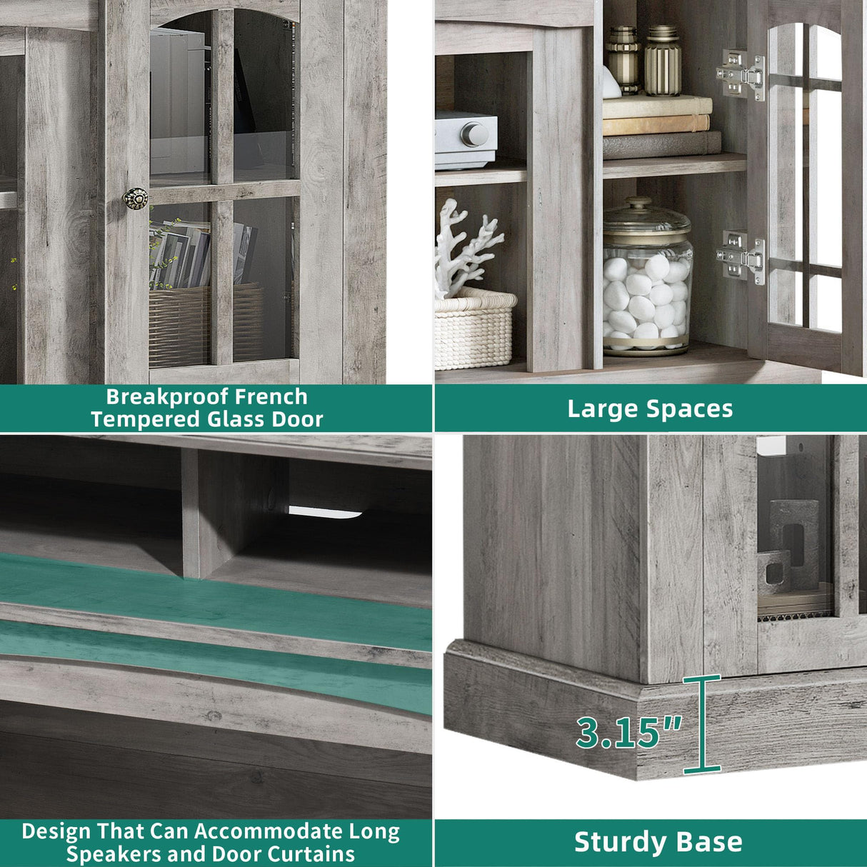 YITAHOME LED Farmhouse TV Stand for 65 Inch w/Outlets, Modern Entertainment Center with Glass Doors and Adjustable Storage Shelves, Media Console TV Cabinet for for Living Room, Grey YITAHOME