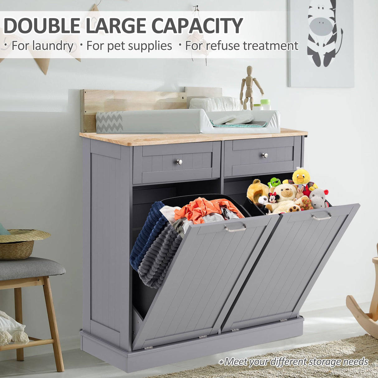 Ancohom Double Tilt Out Trash Cabinet Kitchen Waste Bins,Laundry Hamper Tilt Out Trash Can Cabinet 2 * 13 Gallon Pet Proof Trash Can for Kitchen (Grey) Ancohom