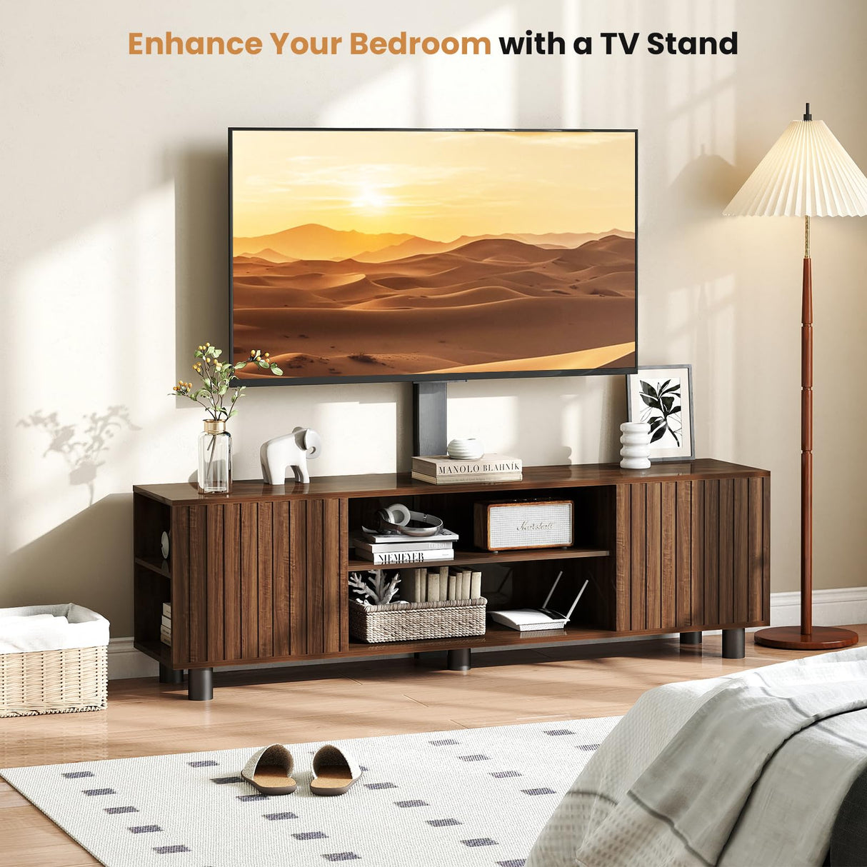 Lamtor TV-Stand with Mount and Power Outlet, Fluted TV Stand for 65 70 75 Inch TV, Entertainment Center with Storage, Media Console Table for Living Room, Walnut Lamtor