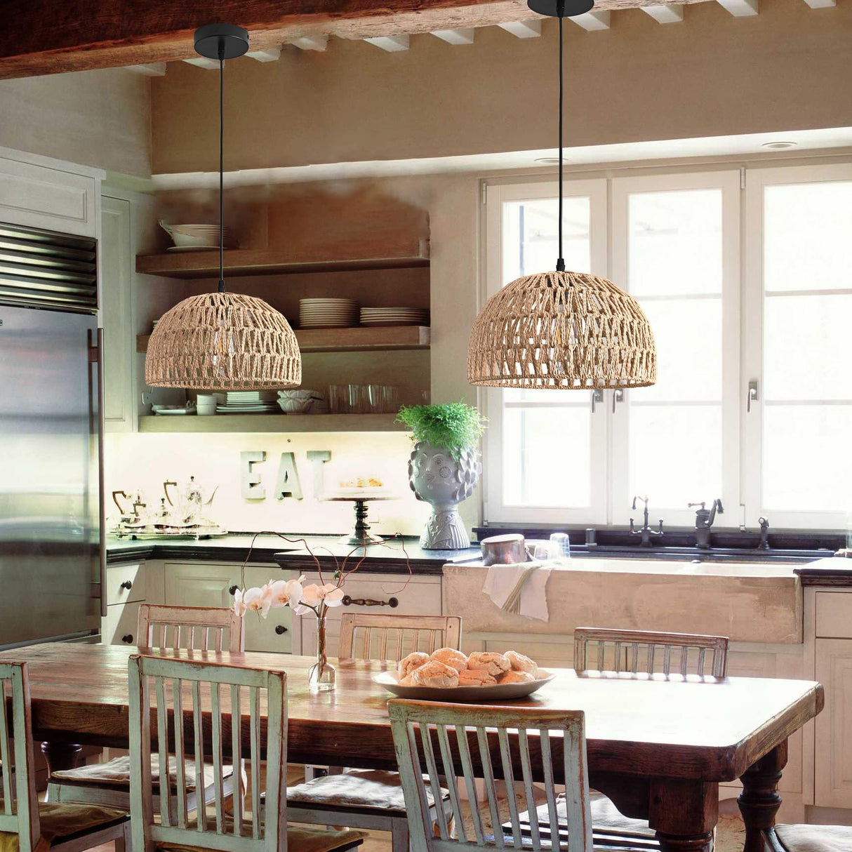 AyshwillDec Hemp Rope Woven Pendant Light Woven Light Fixture Boho Chandelier Light Fixture Wicker Pendant Light Rattan Light Pendant Dome Wicker Chandelier for Dining Room Kitchen Island(Bulb Incl.) AyshwillDec