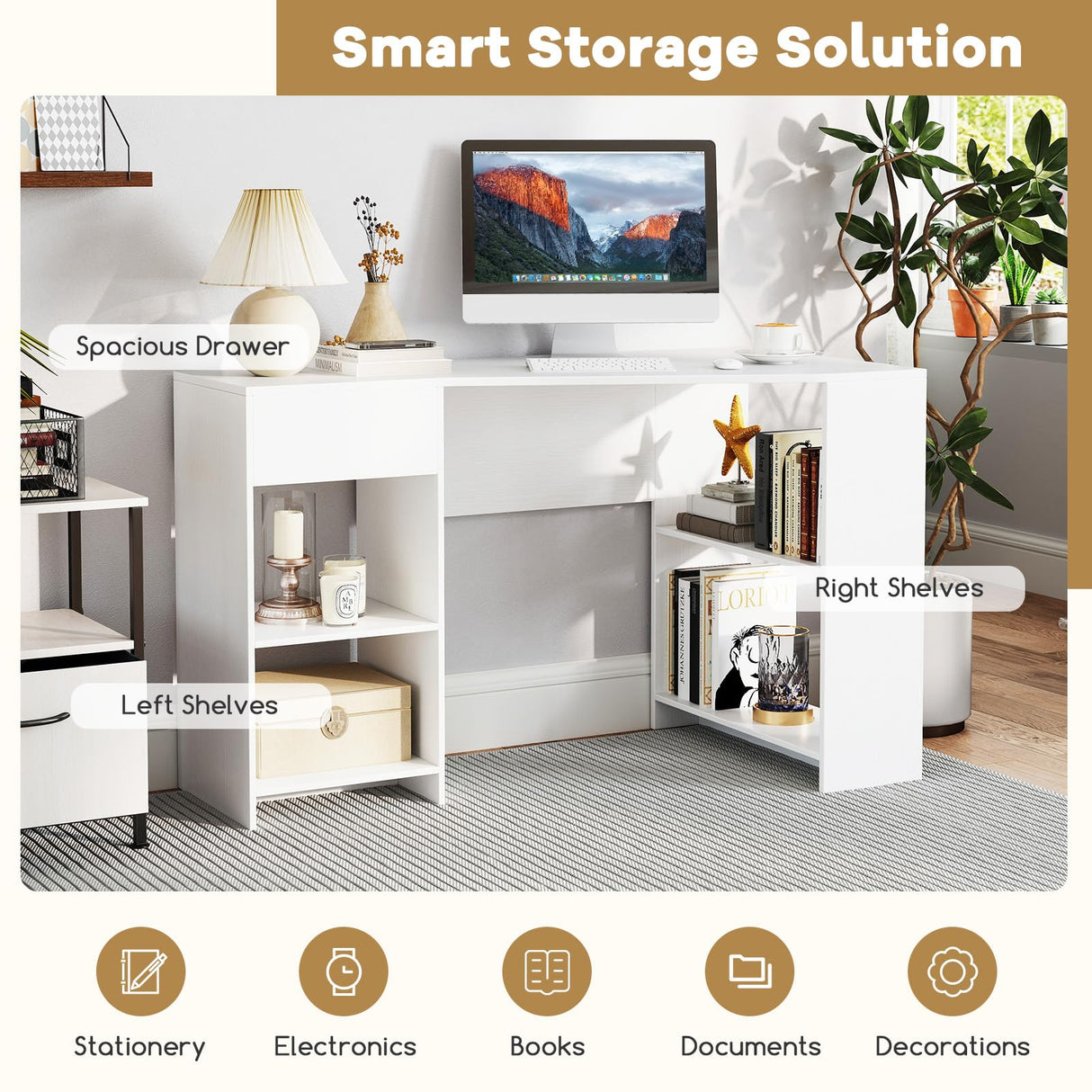 Giantex White Desk with Drawer, 48 Inch Corner Desk with Storage Shelves, Laptop PC Table for Workstation, Vanity Table for Bedroom, Modern Wood Executive Study Writing Table for Small Space Giantex