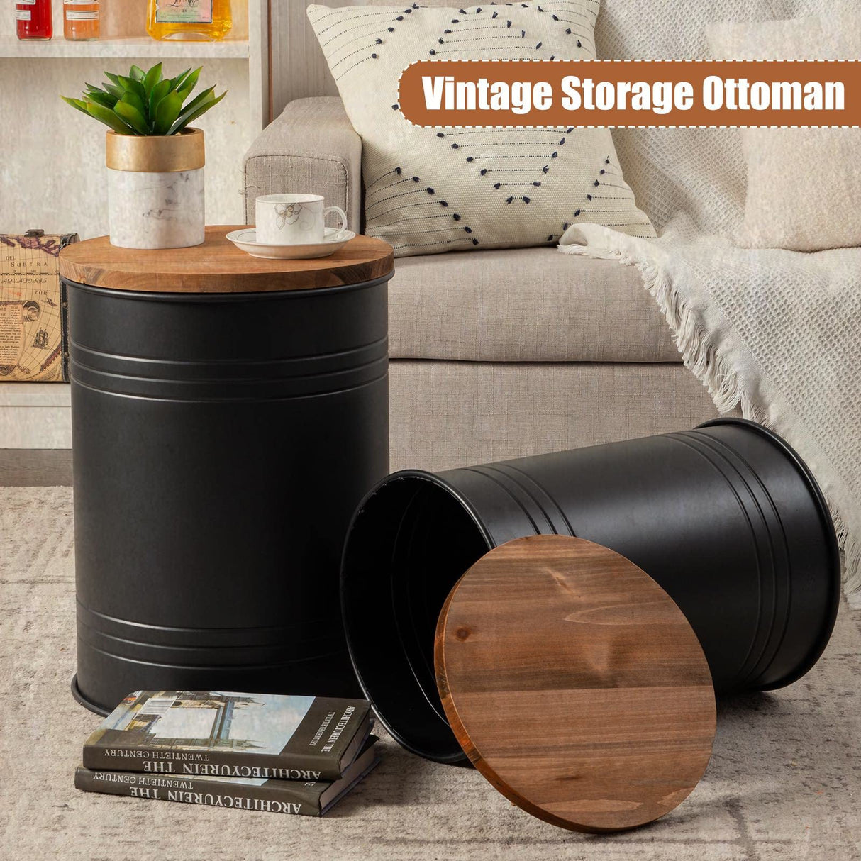 Poofzy Farmhouse End Tables Set of 2, Galvanized Metal Decor Side Table with Wood Lid, Coffee Table Storage Stool for Living Room (Black) Poofzy