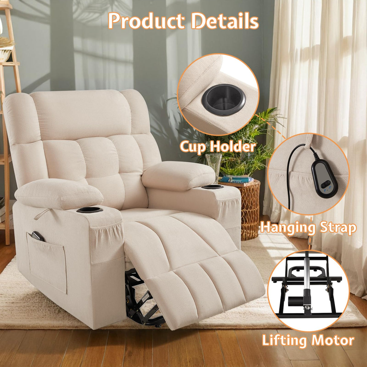 Jocisland Large Power Lift Recliner Chairs for Adults, Lazy Boy Reclining Chair for Elderly, Electric Recliners Sofa with Cupholder, Remote Control, Side Pockets for Living Room Bedroom (Beige) Jocisland