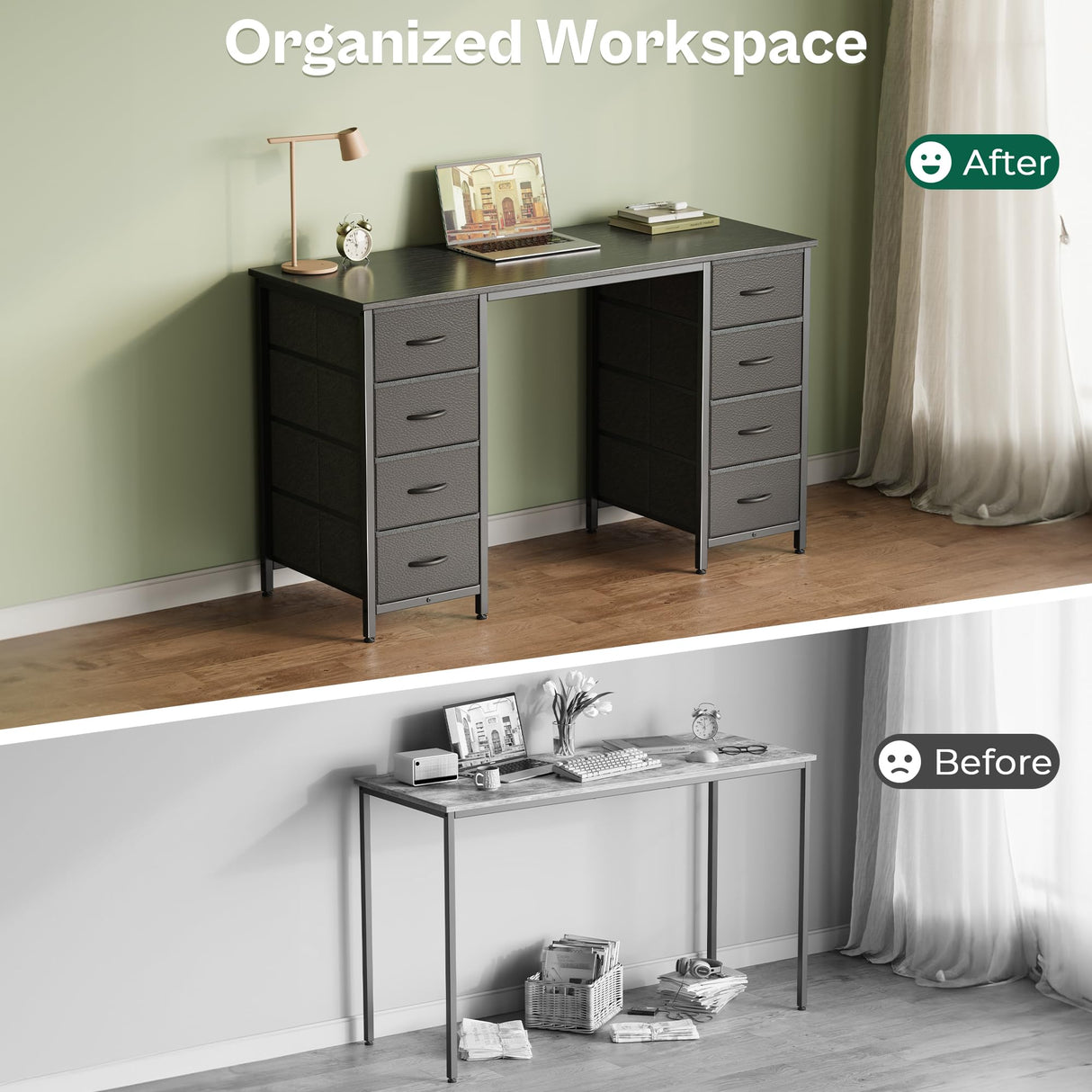 Huuger 47 Inch Computer Desk with 8 Drawers, Office Desk Work Desk for Home Office, Study, Gaming Desk with Fabric Drawers, Large Storage, Black Huuger