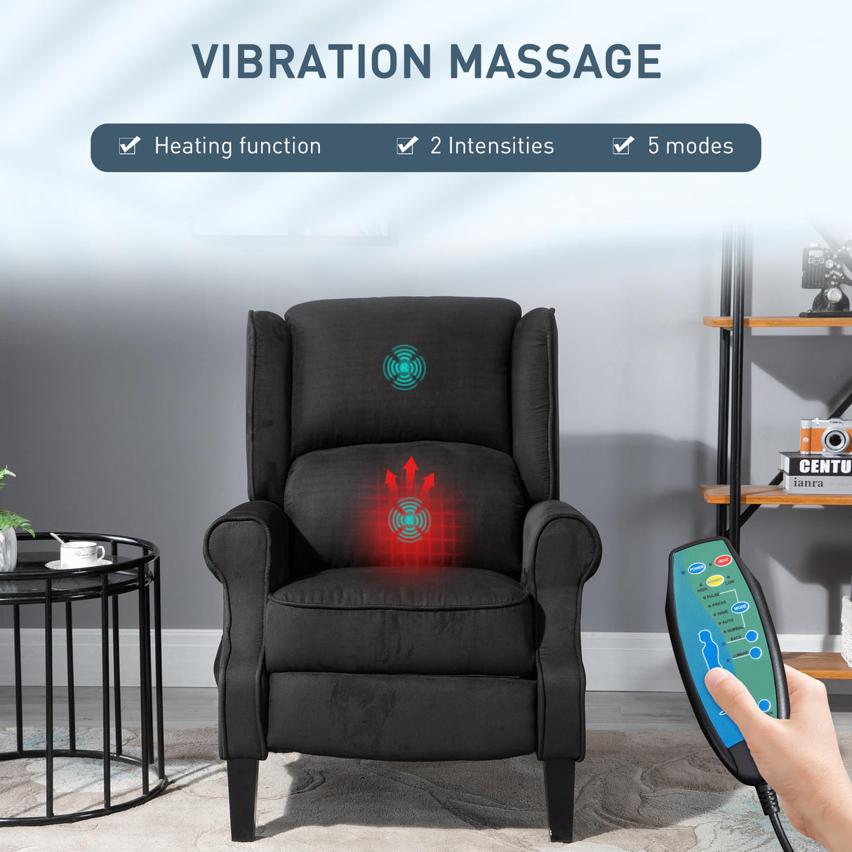 HOMCOM Vibration Massage Recliner Chair for Living Room with Heat, Wingback Single Sofa, Modern Suede Fabric Push Back Reclining Chair with Footrest, Side Pocket, Black HOMCOM