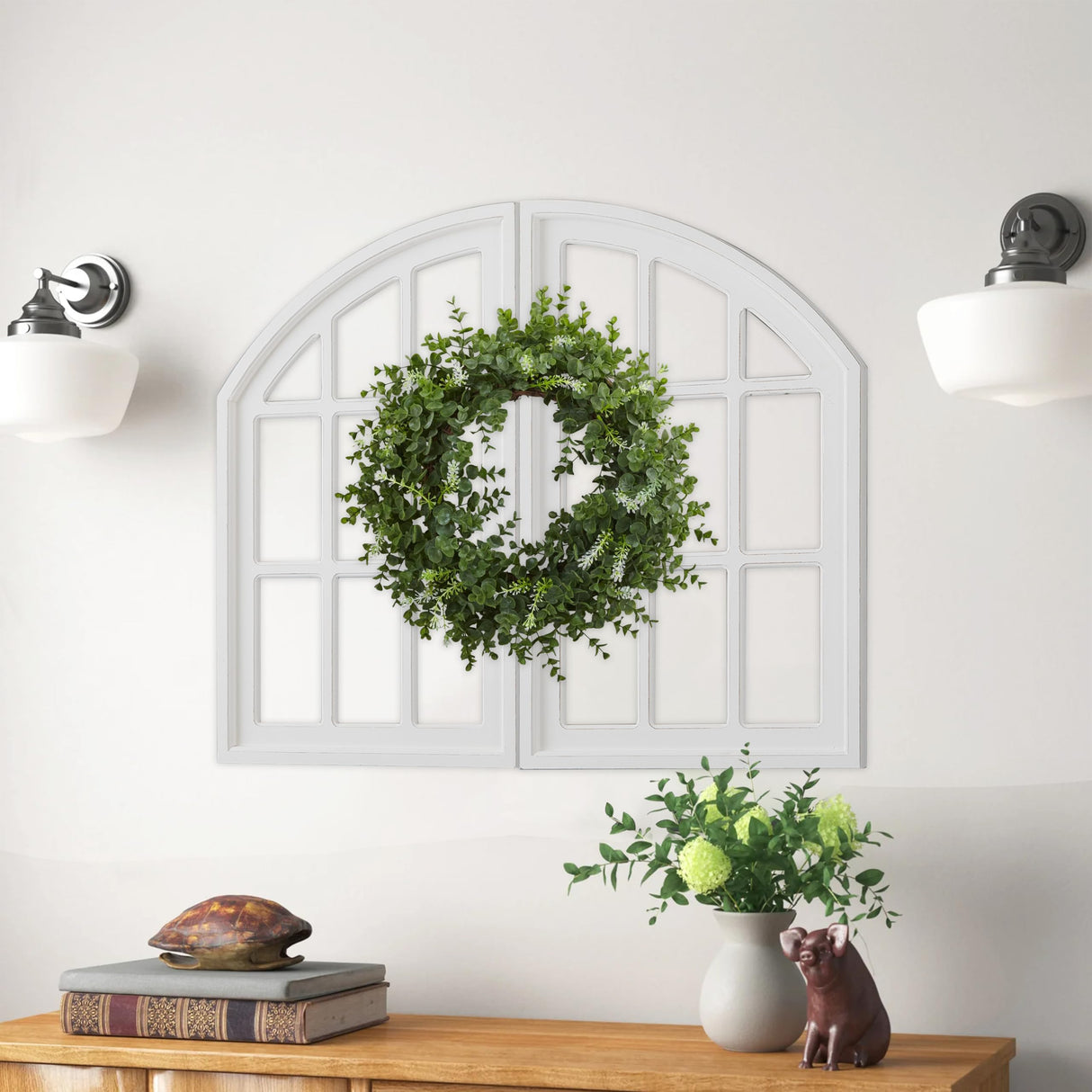 Sintosin Rustic Arch Window Frame Wall Decor 30 X 36 Inch, Set of 2 Wall Hanging Distressed White Farmhouse Window Frame, Handmade Wooden Window Pane for Living Room Entryway Sintosin