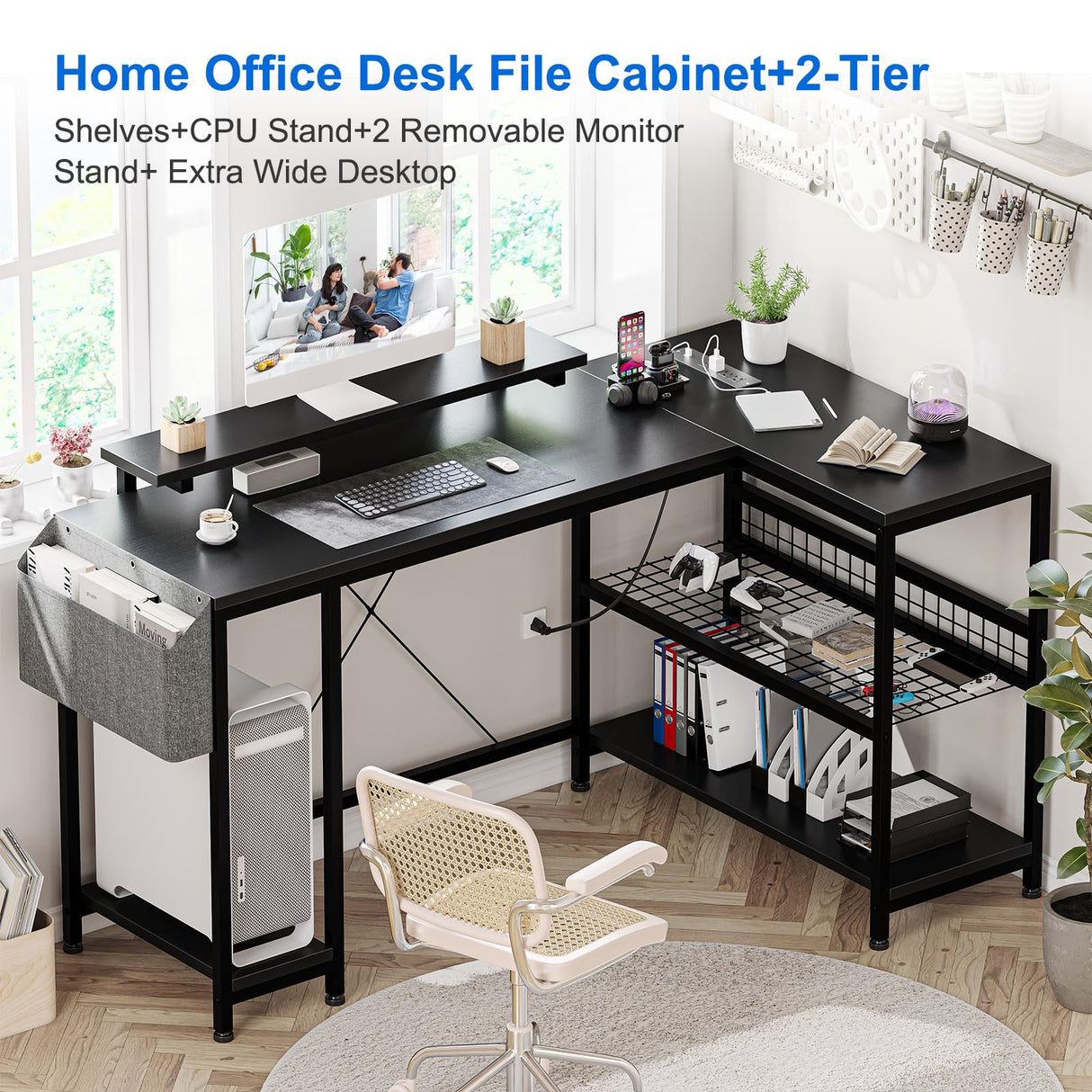 ElectraSpeedy 49" L Shaped Desk with Power Outlet & LED Lights, Reversible Corner Computer Desk with Storage Shelves & Monitor Stand, Home Office Desk for Gaming Writing Study (Black) ElectraSpeedy