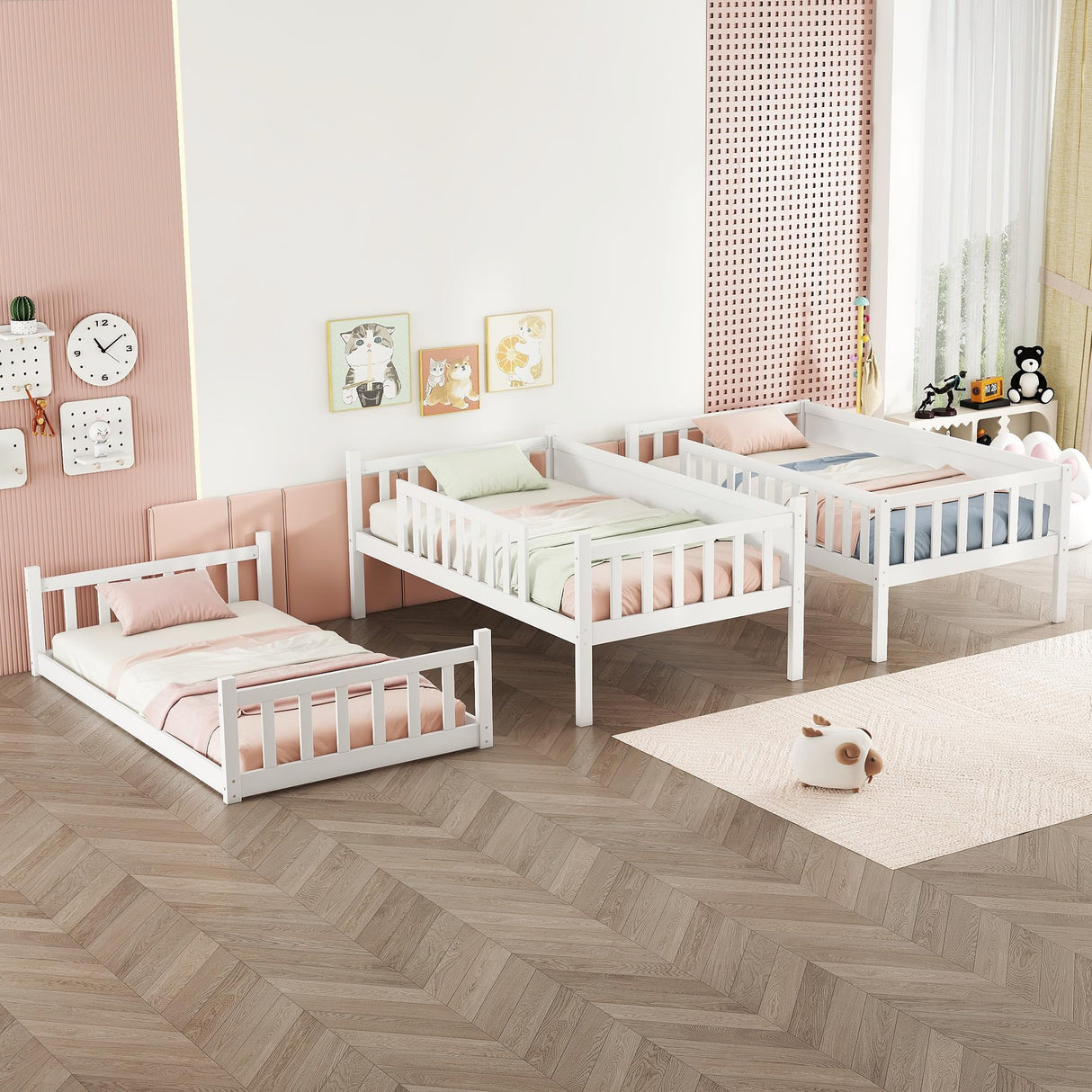 Bellemave Solid Wood Triple Bunk Bed for 3 Kids,Twin Over Twin Over Twin Triple Bunk Bed with Two Built-in Ladders,Detachable,White Bellemave