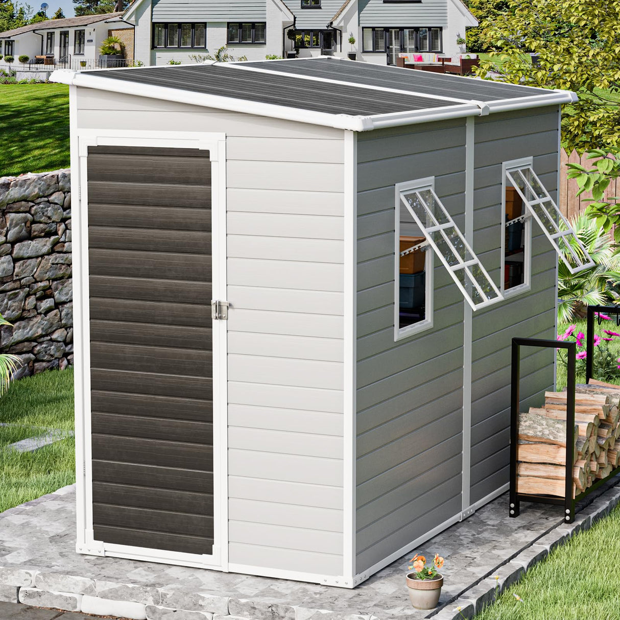 CDCASA 4x8 FT Resin Lean to Shed, Waterproof Outdoor Storage Shed with Floor and Adjustable Openable Windows,Outside Plastic Tool Shed for Backyard Garden Patio Lawn CDCASA