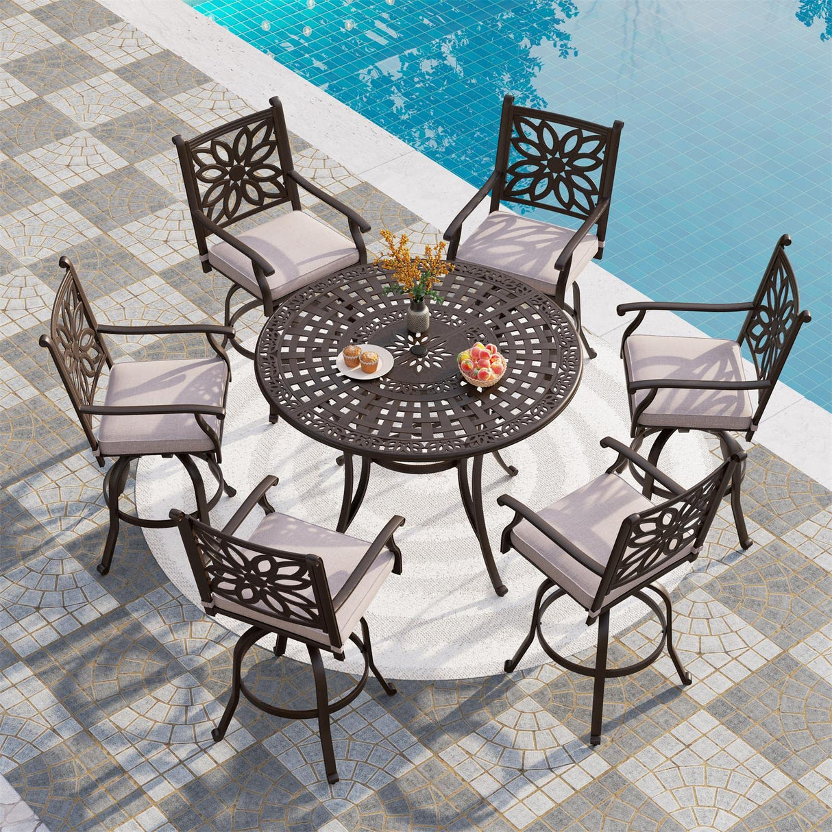 PHI VILLA 7 PCS High Bar Patio Dining Set, Cast Aluminum Outdoor Bar Set for 6 with 54" Round Bar Table and 6 Outdoor Swivel Bar Stool Chairs with Seat Cushion PHI VILLA