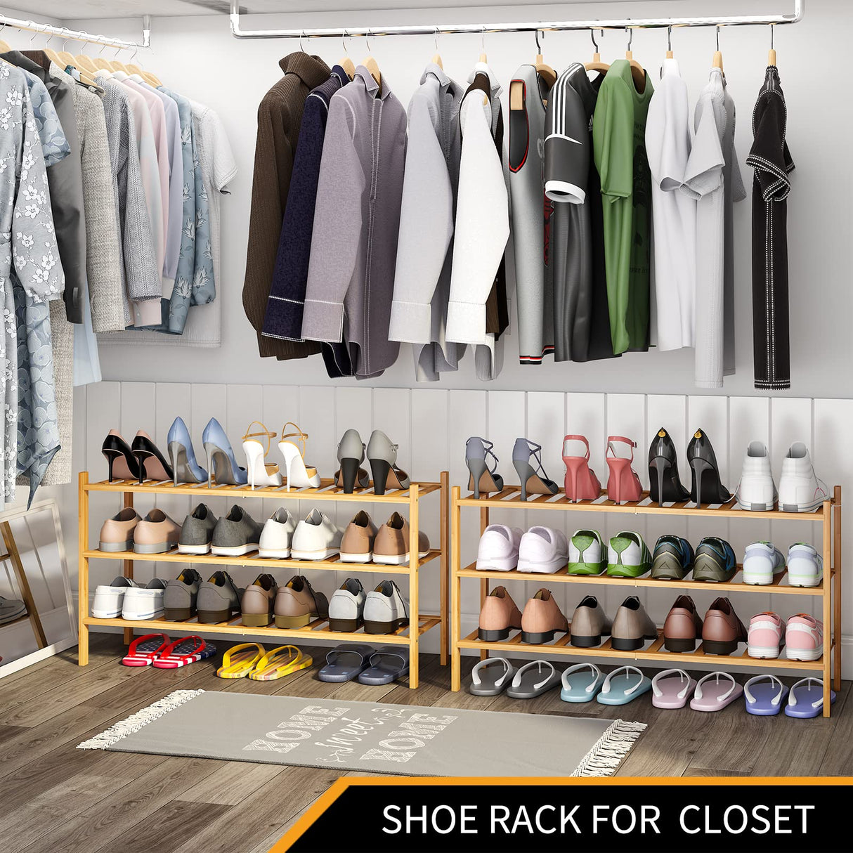 Furshus Long Shoe Rack, 3-Tier Bamboo Stackable Shoe Shelf Storage Organizer, Shoe Stand for Closet, Entryway and Hallway Furshus