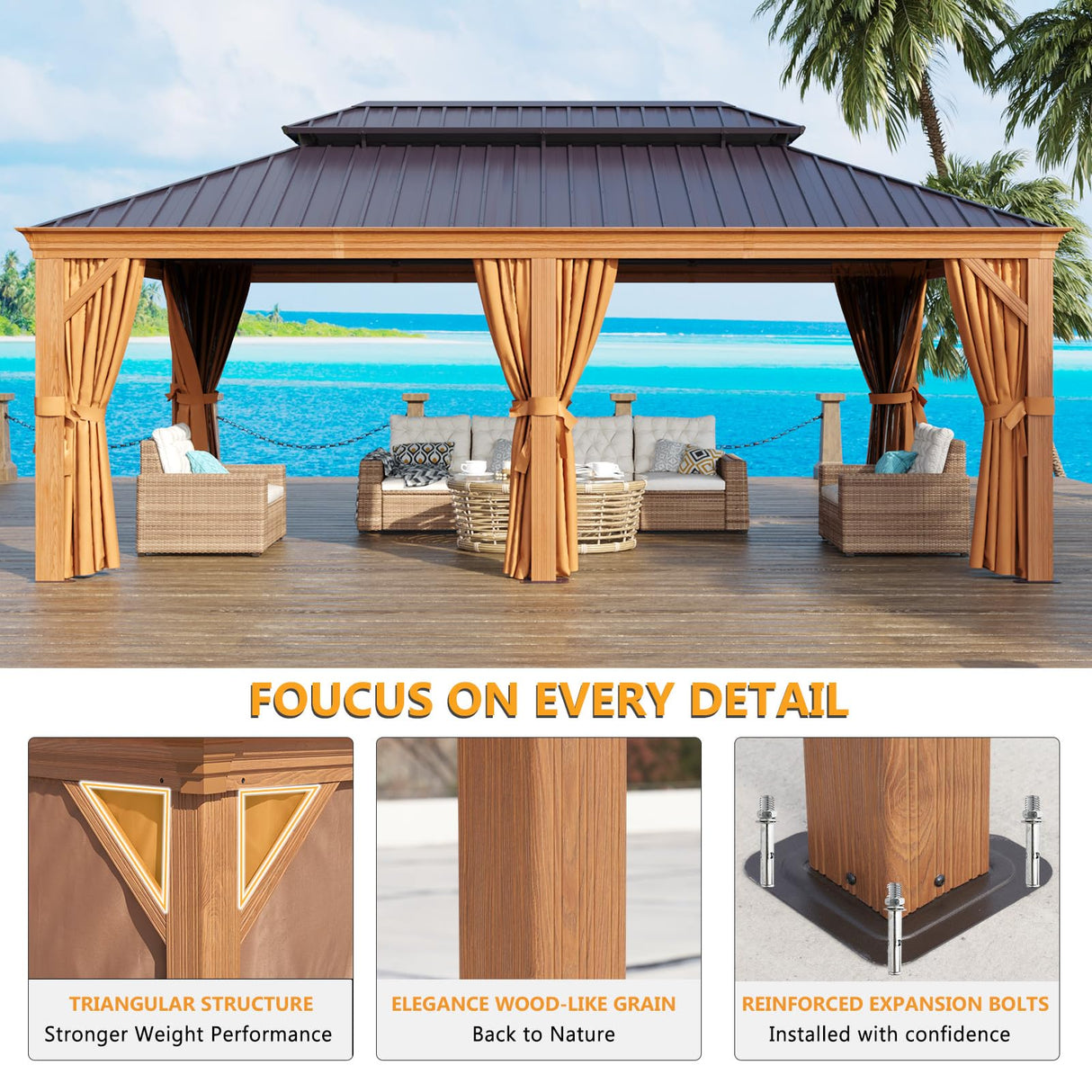 Jolydale 12' x 20' Gazebo, Wooden Finish Coated Aluminum Frame Canopy, Galvanized Steel Double Top, Outdoor Permanent Metal Pavilion with Privacy Curtains and Netting, for Patio, Deck and Backyard Jolydale