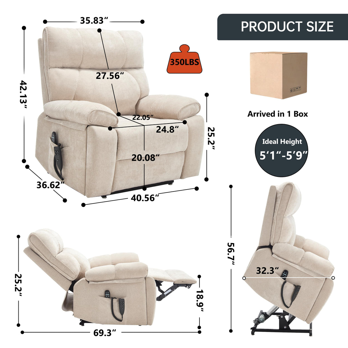 Dual Motor Power Lift Chair for Elderly with Vibration Massage and Lumbar Heating for Living Room, Electric Lay Flat Recliner with Cup Holders Remote Controls, Medium-Firm Chenille Fabric, Beige EZZUP