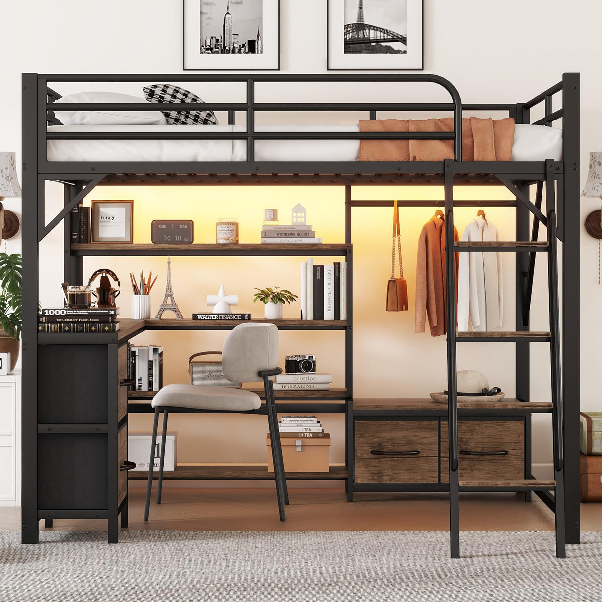 Loft Bed Queen Size with Desk and Charging Station, Metal Loft Beds Frame with LED Lights, Bookcase & 4 Fabric Storage Drawers & Bench, Adults Loft Beds with Wardrobe -Safety Guard & Ladder, Black Mirightone