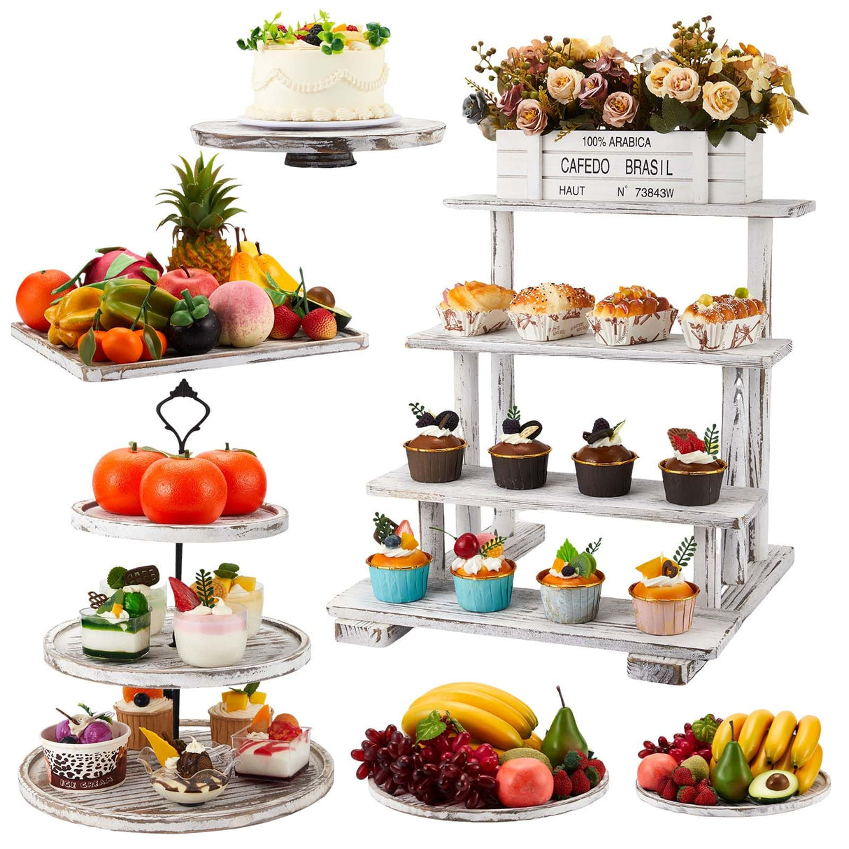 Roowest Wood Cake Stands Set of 6 Wood Dessert Tower Dessert Trays Desert Stands Cupcake Stand Rustic Wood 3 Tier Cupcake Serving Stands with Dessert Trays Farmhouse Wood for Tea Party (Vintage Brown) Roowest