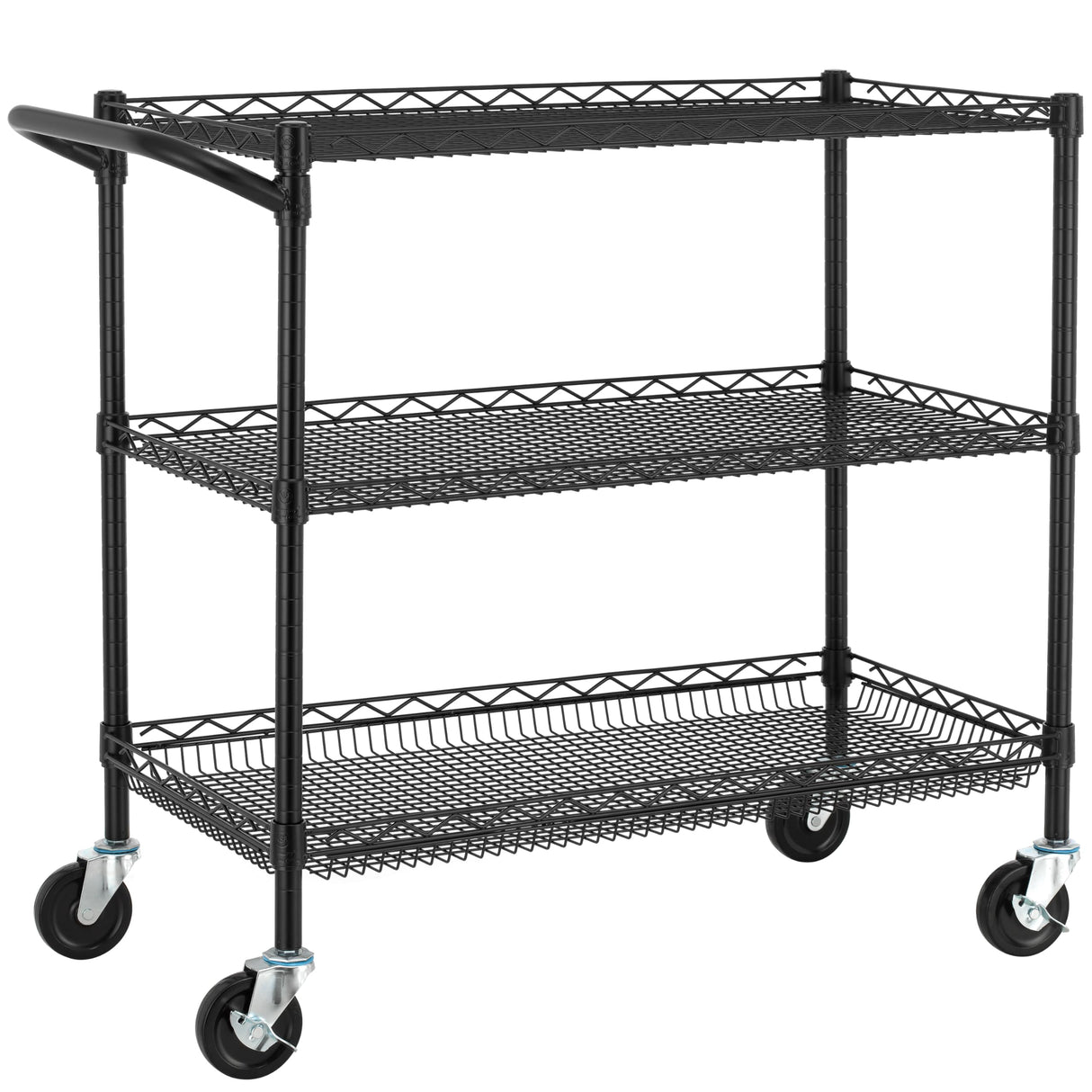 Finnhomy 3 Tier Heavy Duty Commercial Grade Utility Cart, Wire Rolling Cart with Handle Bar, Steel Service Cart with Wheels, Kitchen Carts on Wheels, Metal Cart Shelf Size 18" D x 36" W, NSF, Black Finnhomy