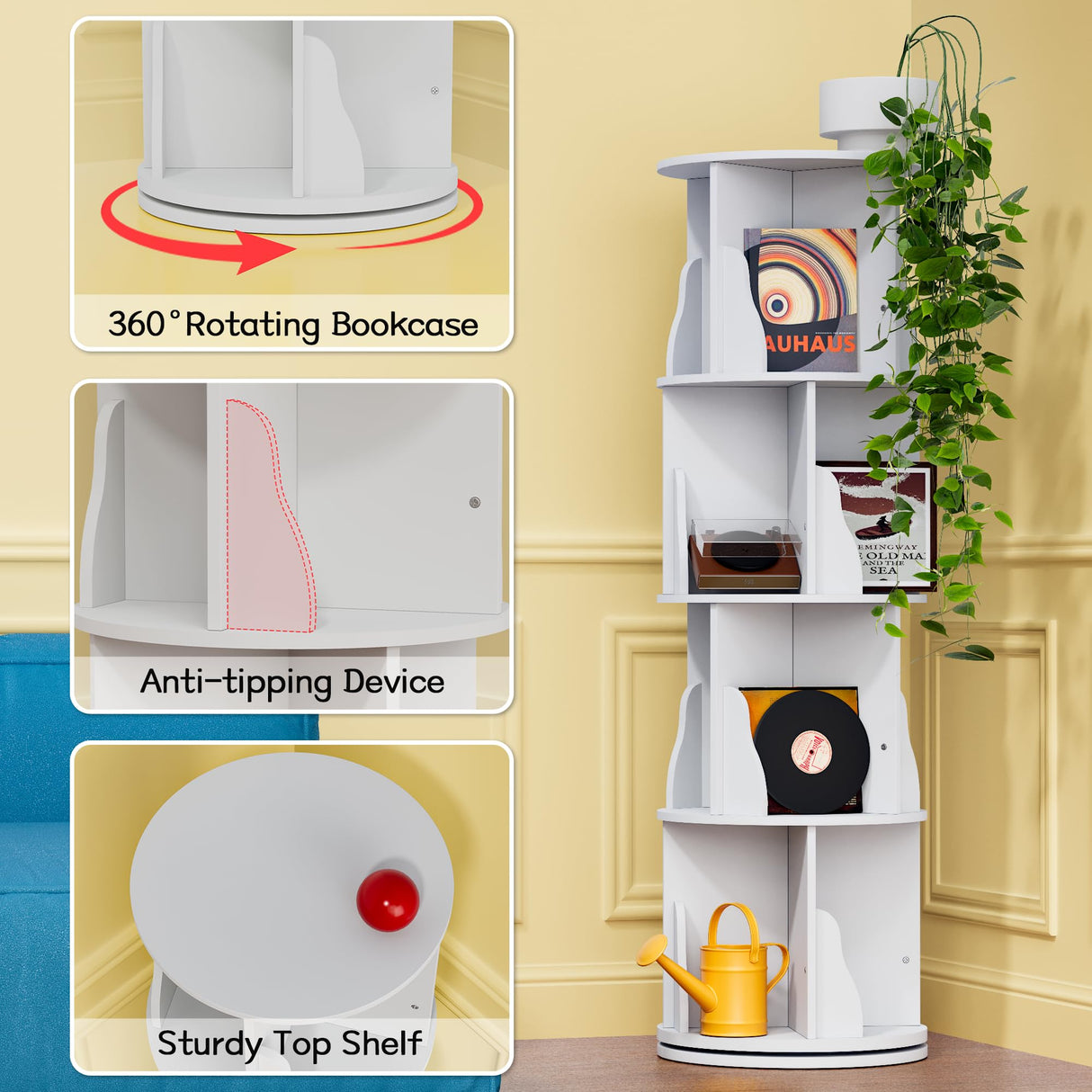 Furniwell 4-Tier Rotating Bookshelf and Bookcase, 360° Display Stackable Spinning Book Shelf Tower with Raffle, Floor Standing Corner Shelf for Living Room, Study Room(16" W*16" D*51" H) Furniwell