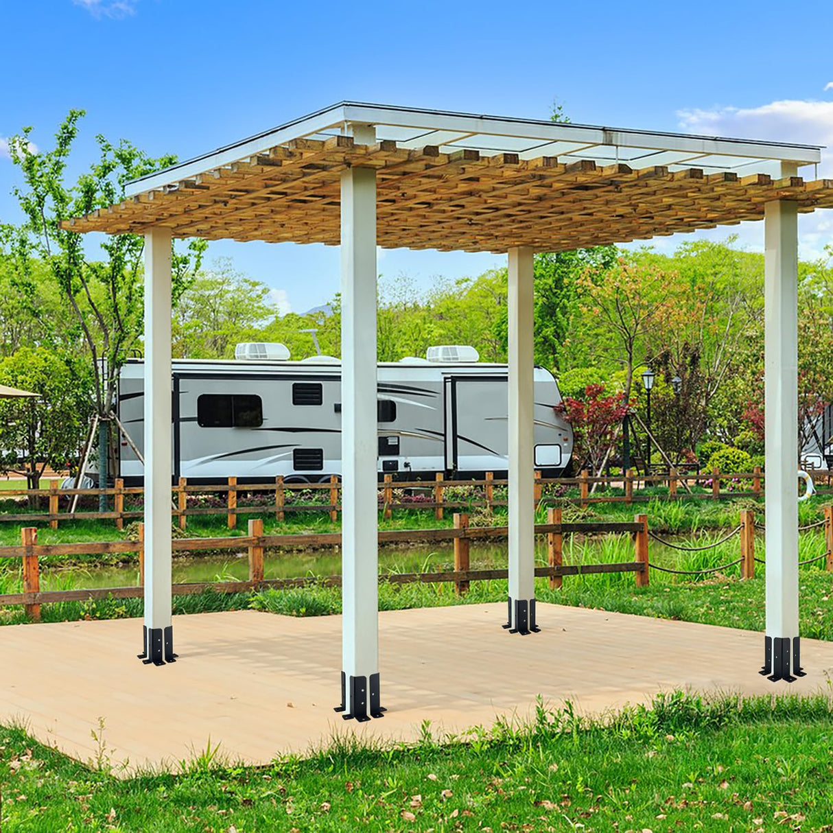 Wpbhk 4Pcs Adjustable Deck Post Anchor Base Brackets Fit 1.5x1.5,2x2,2x4,4x4 Post,Heavy Duty Reversible Wood Fence Post Base Brackets kit for Pergola Railing Mailbox Wpbhk