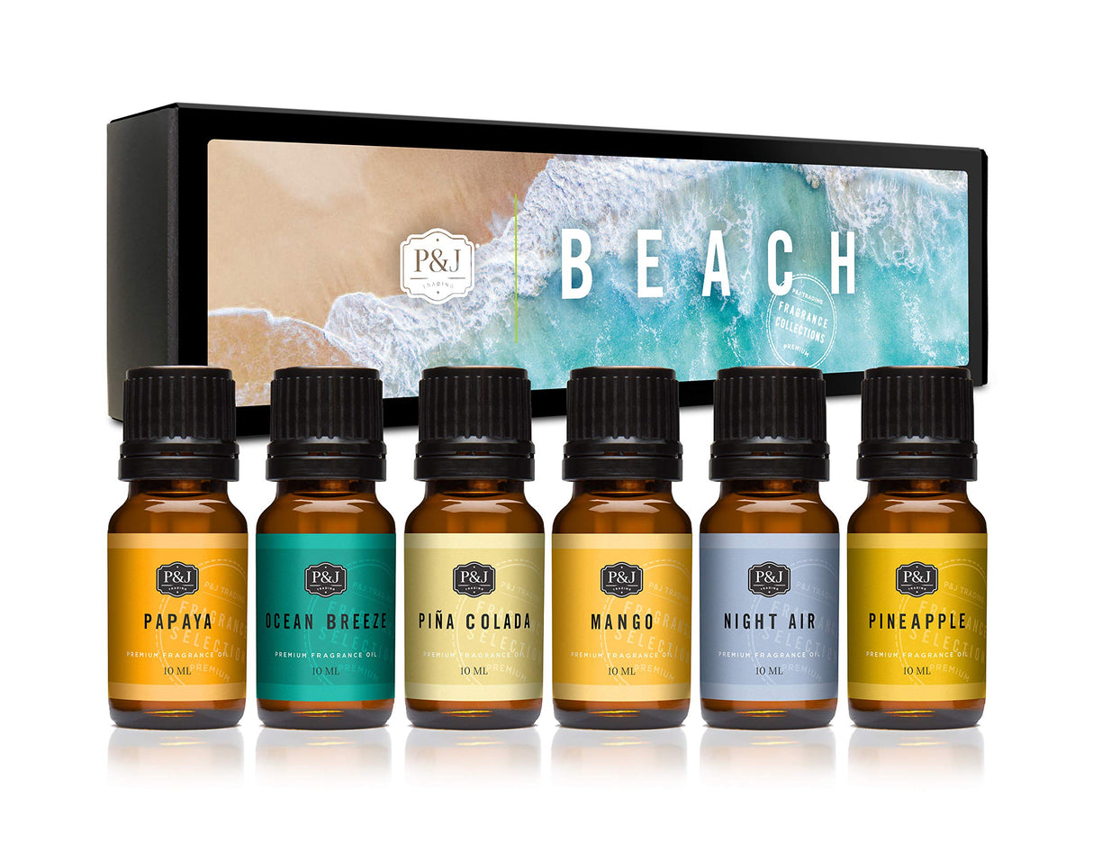 P&J Trading Fragrance Oil Beach Set | Ocean Breeze, Papaya, Pina Colada, Mango, Pineapple, and Night Air Candle Scents for Candle Making, Freshie Scents, Soap Making Supplies, Diffuser Oil Scents P&J Trading