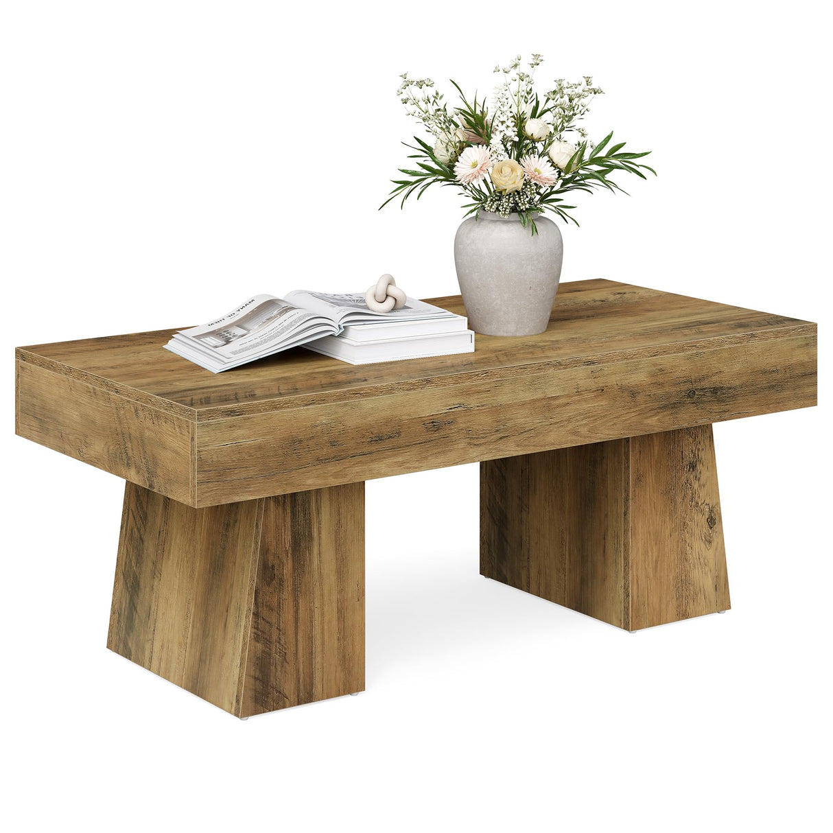 LITTLE TREE Farmhouse Coffee Table, 47 Inches Wooden Rectangular Accent Center Tables with Thick Base, Modern Low Cocktail Tea Furniture for Living Room (Rustic Brown) LITTLE TREE