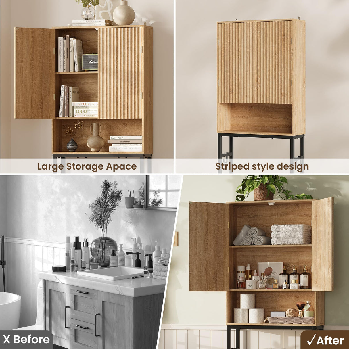 Toilet Storage Cabinet, Over The Rack Wood Cabinet with Metal Stand, Bathroom Organizer with Adjustable Shelf, Tall Freestanding Washer Shelf, Small Cupboard, Space Saver, Natural Style TROJM