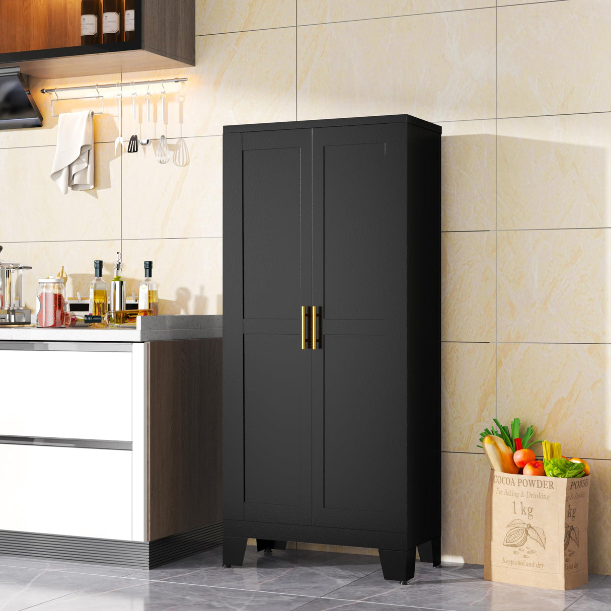 Ckzbx Black Metal Cabinets with Doors and Shelves, 61" H Storage Cabinet Pantry Cabinet Garage Cabinets for Kitchen, Living Room, Dinning Room Ckzbx