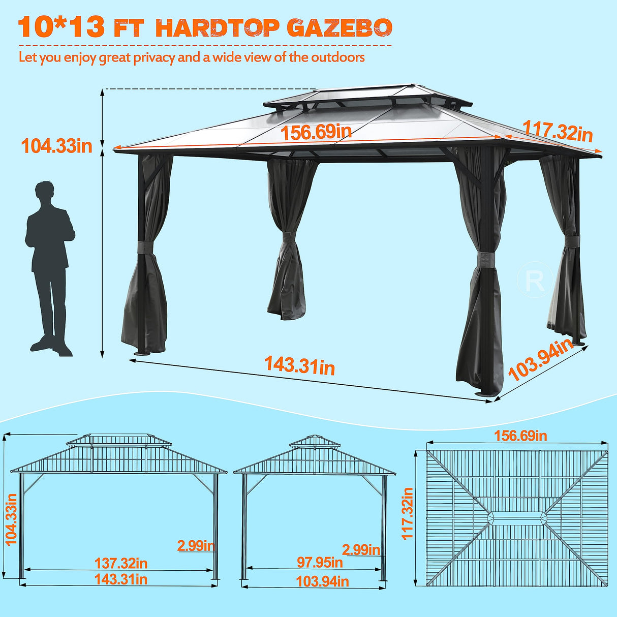 MUPATER Outdoor 10' x 13' Polycarbonate Hardtop Gazebo with Aluminum Frame, Double Roof Canopy, Netting and Curtainsfor Patios, Deck, Lawns, Gardens and Pools MUPATER