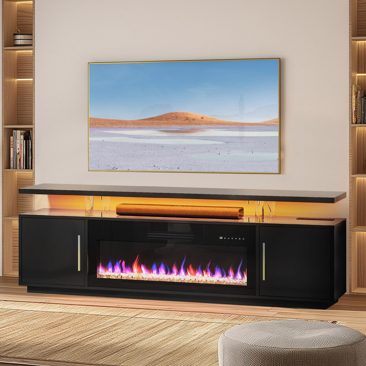 BELLEZE 79" TV Stand for TVs up to 85", LED Light Entertainment Center with 42" Electric Fireplace Heater, Storage Cabinet with USB AC Outlet, Media Console Table for Living Room - Avenue (Black) BELLEZE