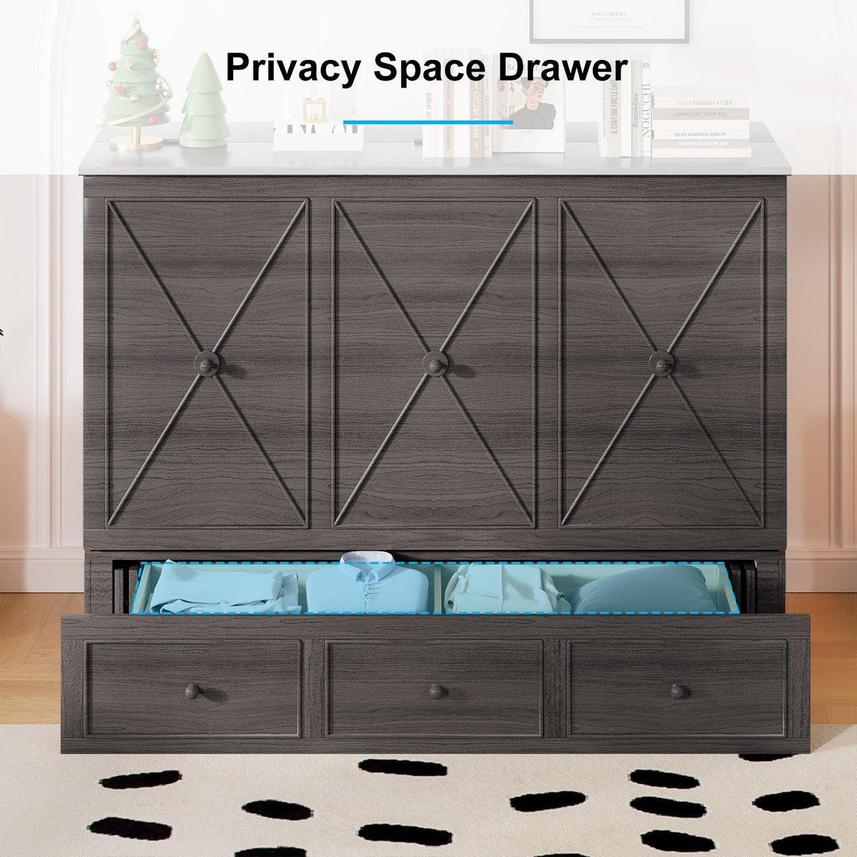 Mjkone Murphy Bed Queen, Cabinet Beds with Mattress and Built-in Charging Station, Wood Murphy Hidden Adult Guest Bed with 2 Storage Drawers, Cabinet Chest Beds for Guest Room Bedroom Home - Grey Mjkone