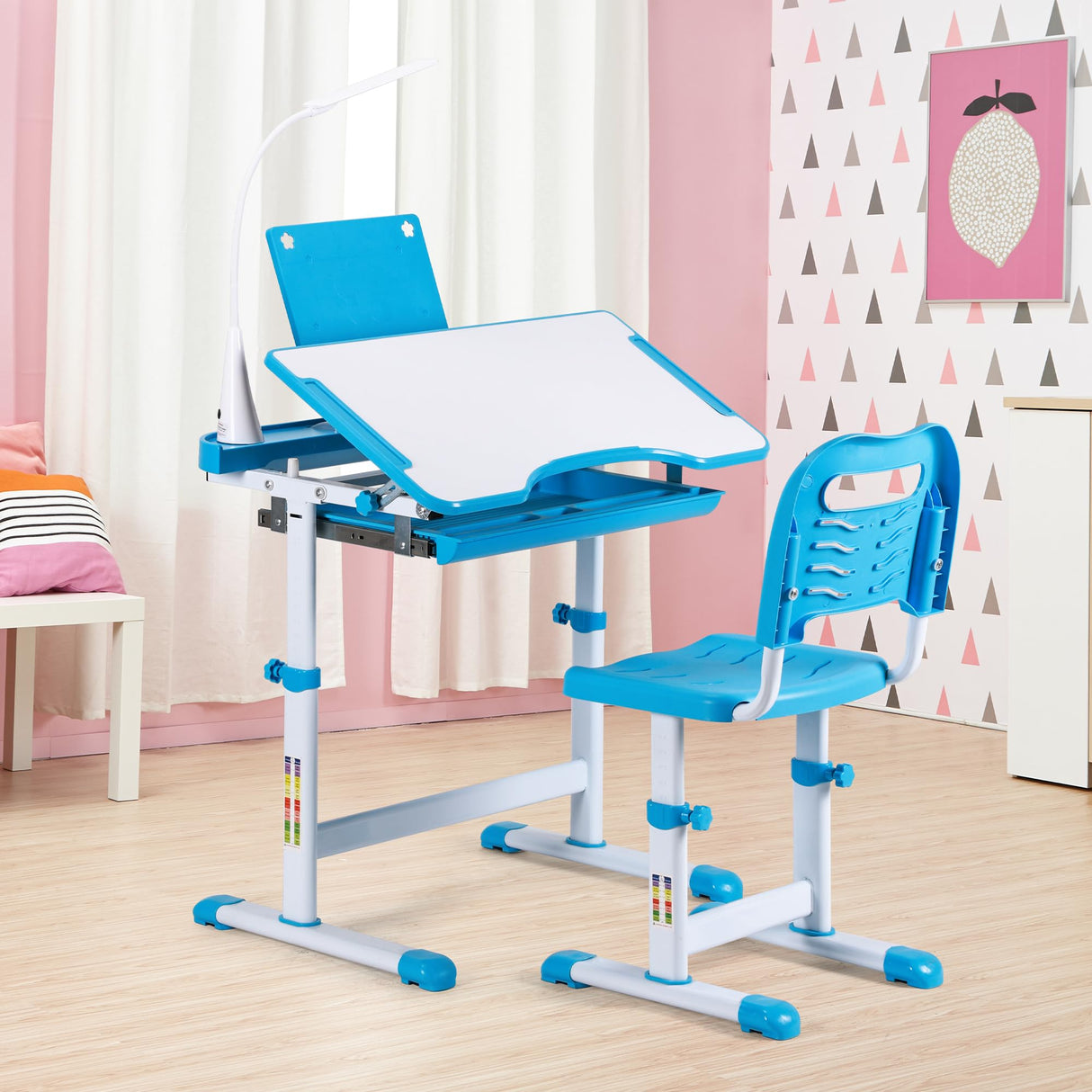 UNICOO® Kids Study Table and Chair Set, Height Adjustable Kids Art Desk, Ergonomic Study Desk for Kids, w/LED Lamp, Tilt Desktop, Pull Out Drawer - Kids Table and Chairs, Toddler Table and Chair Set UNICOO